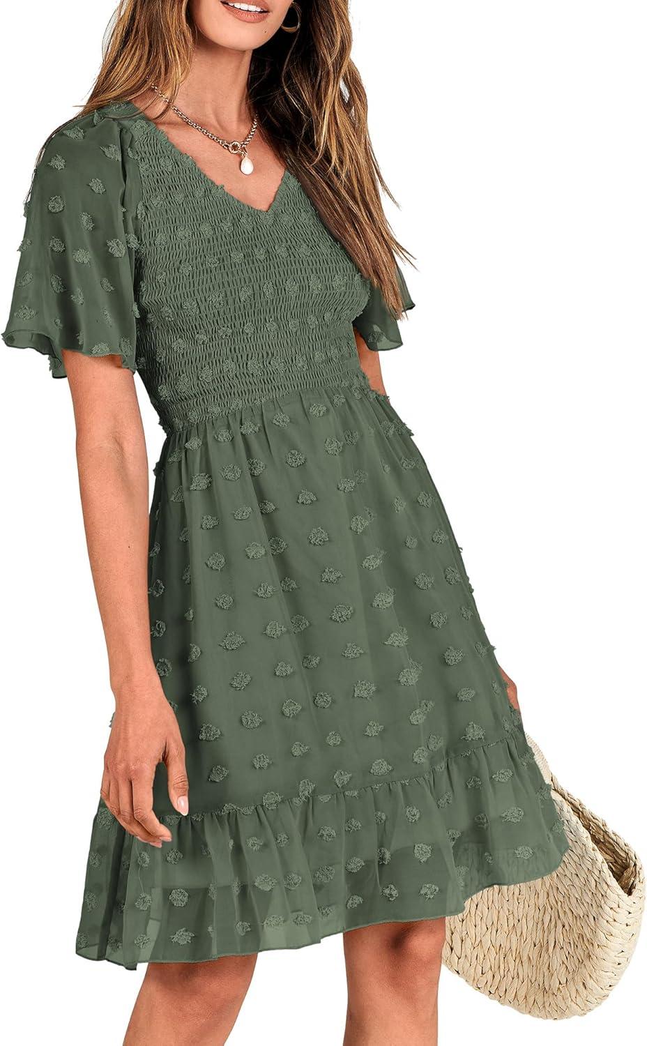 imageBTFBM Womens Beach Vacation Dress Summer 2026 V Neck Short Sleeve Smocked Swiss Dot Ruffle Casual Spring Mini DressesArmy Green