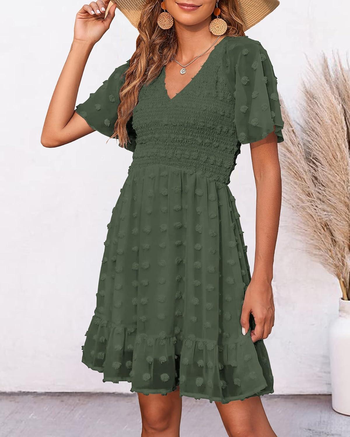 imageBTFBM Womens Beach Vacation Dress Summer 2026 V Neck Short Sleeve Smocked Swiss Dot Ruffle Casual Spring Mini DressesArmy Green