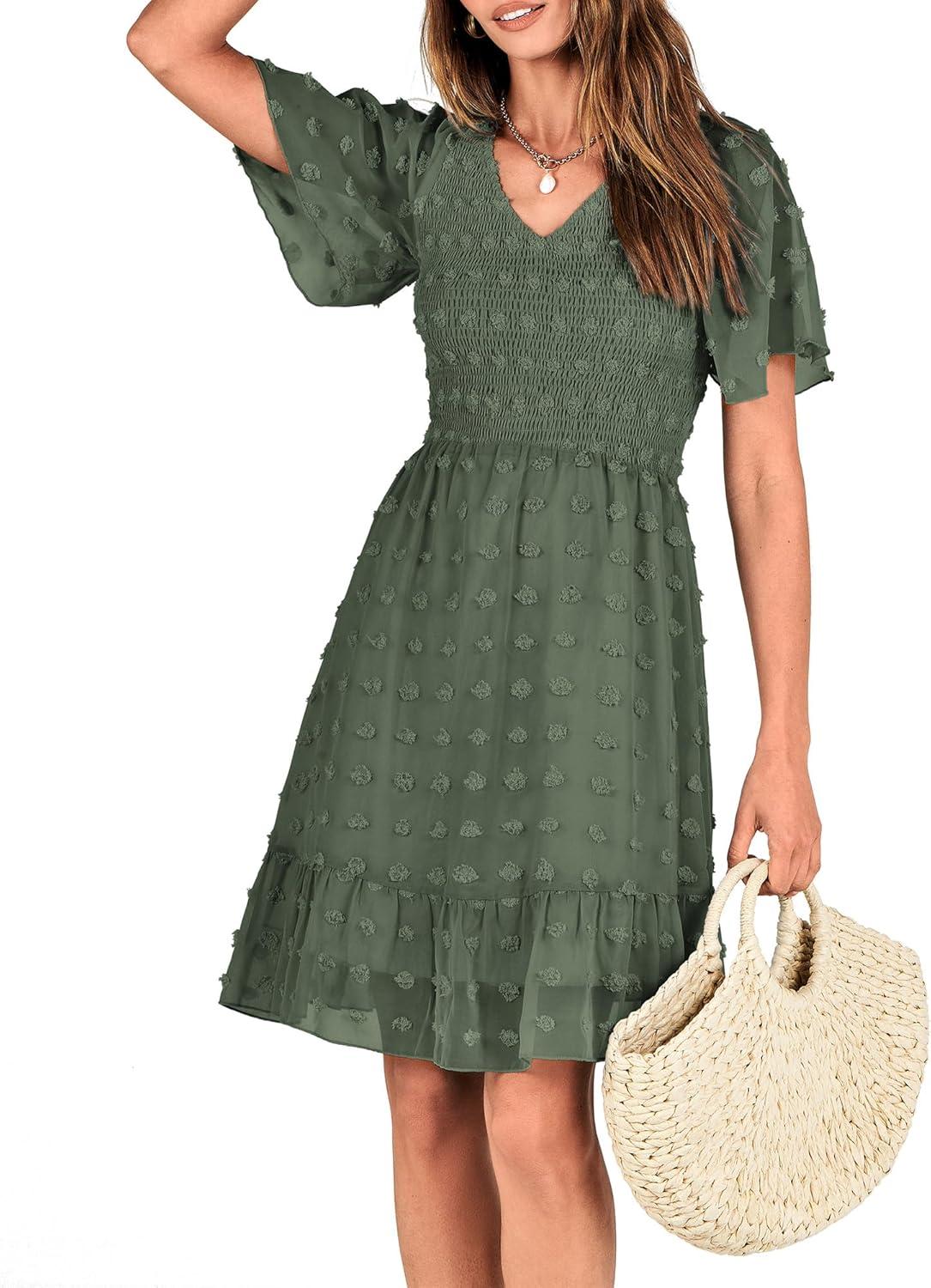 imageBTFBM Womens Beach Vacation Dress Summer 2026 V Neck Short Sleeve Smocked Swiss Dot Ruffle Casual Spring Mini DressesArmy Green