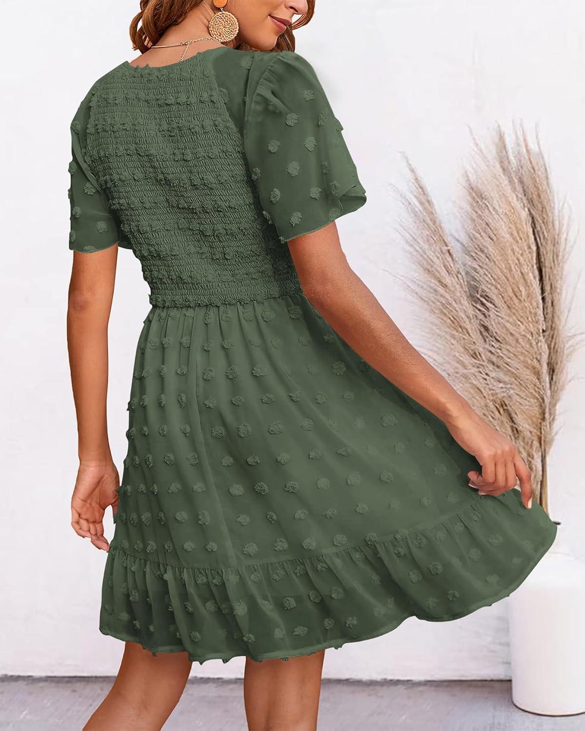 imageBTFBM Womens Beach Vacation Dress Summer 2026 V Neck Short Sleeve Smocked Swiss Dot Ruffle Casual Spring Mini DressesArmy Green