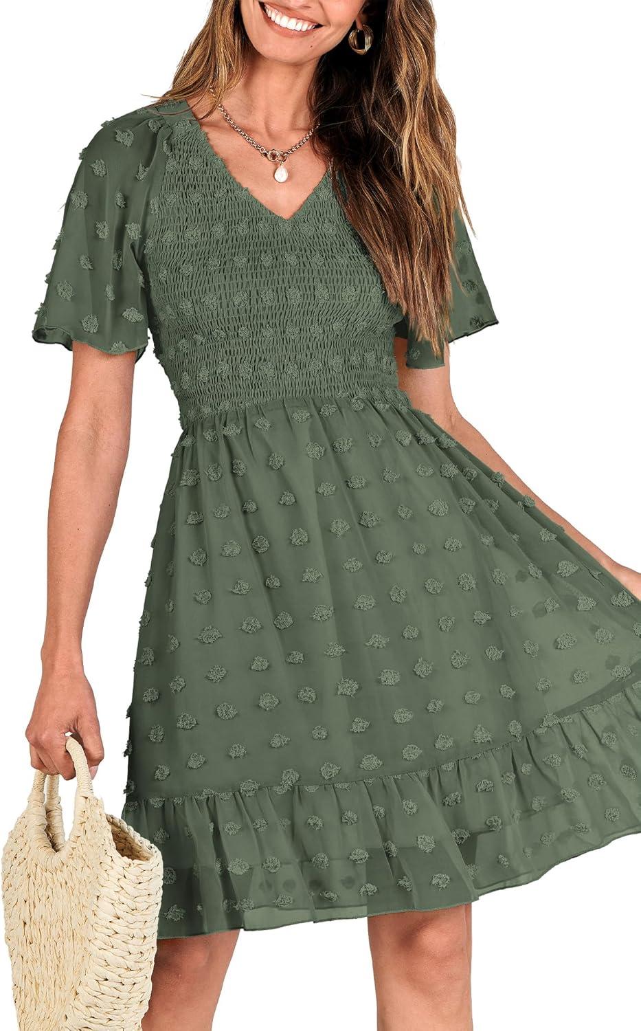 imageBTFBM Womens Beach Vacation Dress Summer 2026 V Neck Short Sleeve Smocked Swiss Dot Ruffle Casual Spring Mini DressesArmy Green
