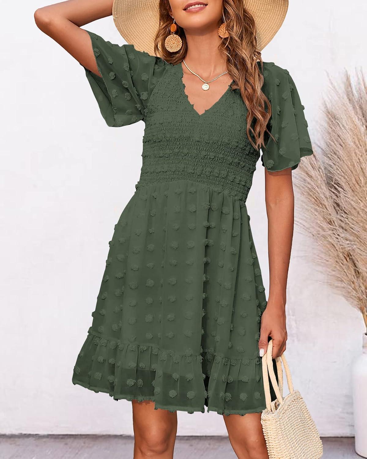 imageBTFBM Womens Beach Vacation Dress Summer 2026 V Neck Short Sleeve Smocked Swiss Dot Ruffle Casual Spring Mini DressesArmy Green
