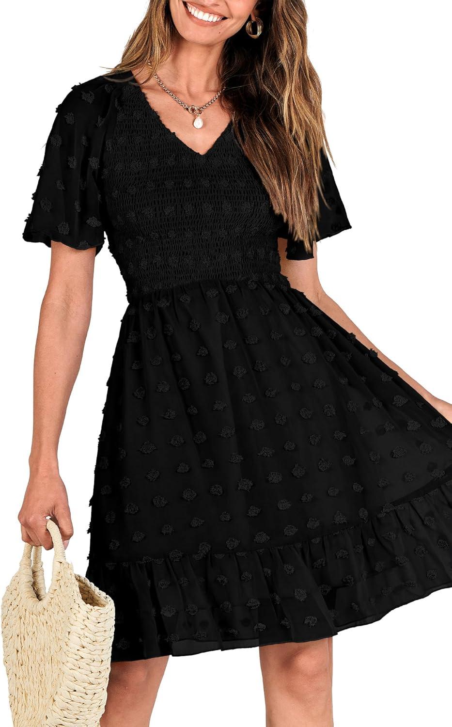 imageBTFBM Womens Beach Vacation Dress Summer 2026 V Neck Short Sleeve Smocked Swiss Dot Ruffle Casual Spring Mini DressesBlack