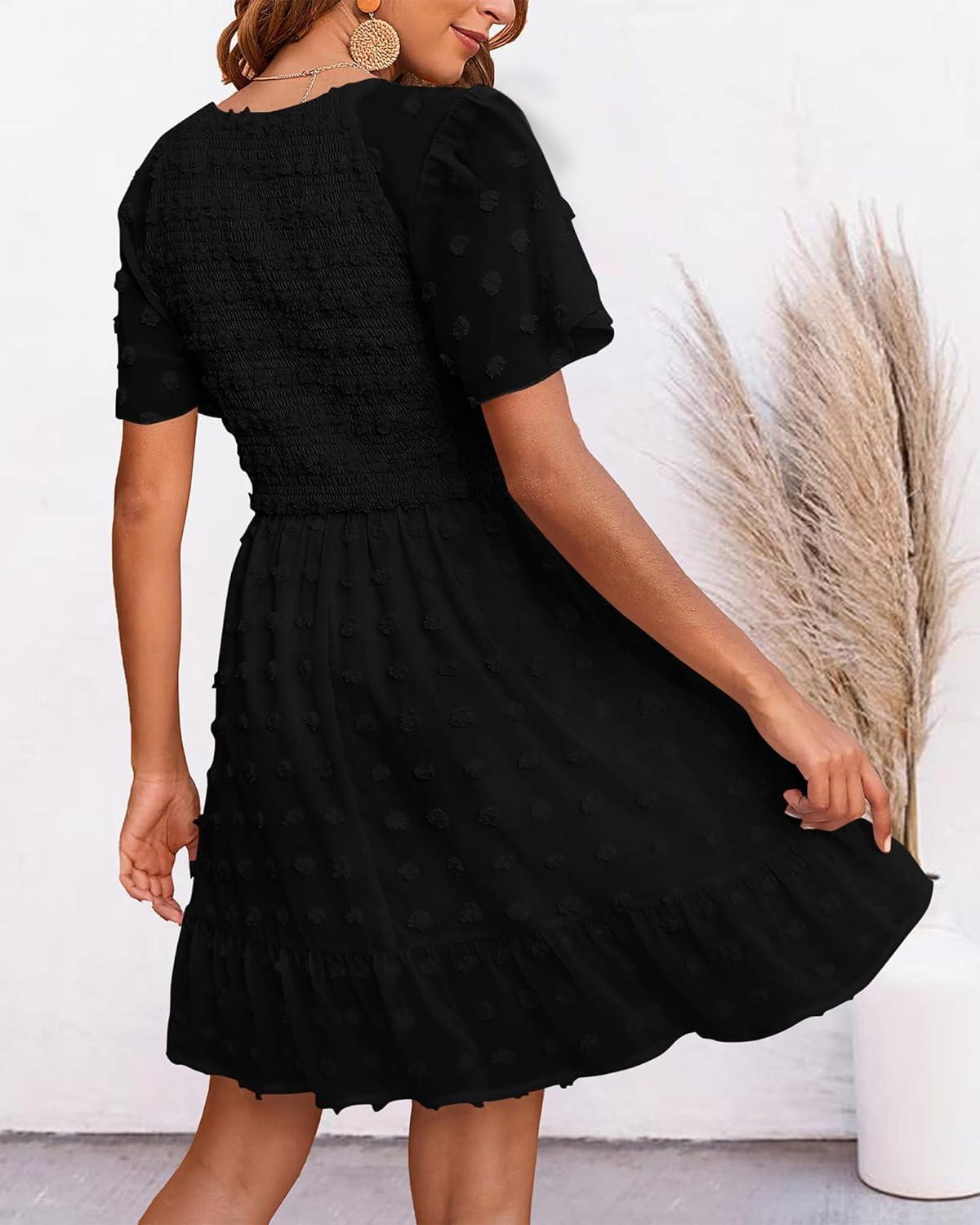 imageBTFBM Womens Beach Vacation Dress Summer 2026 V Neck Short Sleeve Smocked Swiss Dot Ruffle Casual Spring Mini DressesBlack