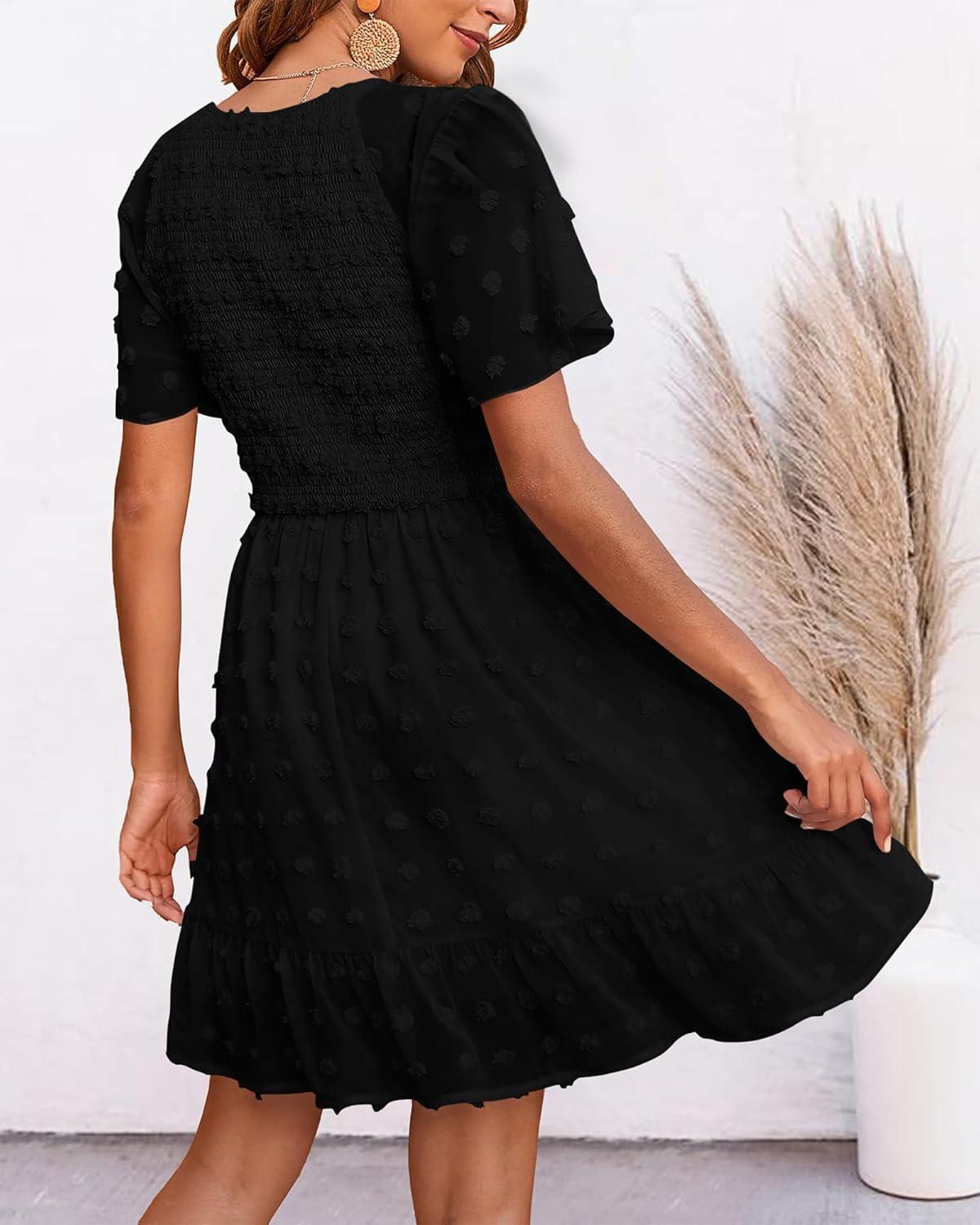 imageBTFBM Womens Beach Vacation Dress Summer 2026 V Neck Short Sleeve Smocked Swiss Dot Ruffle Casual Spring Mini DressesBlack
