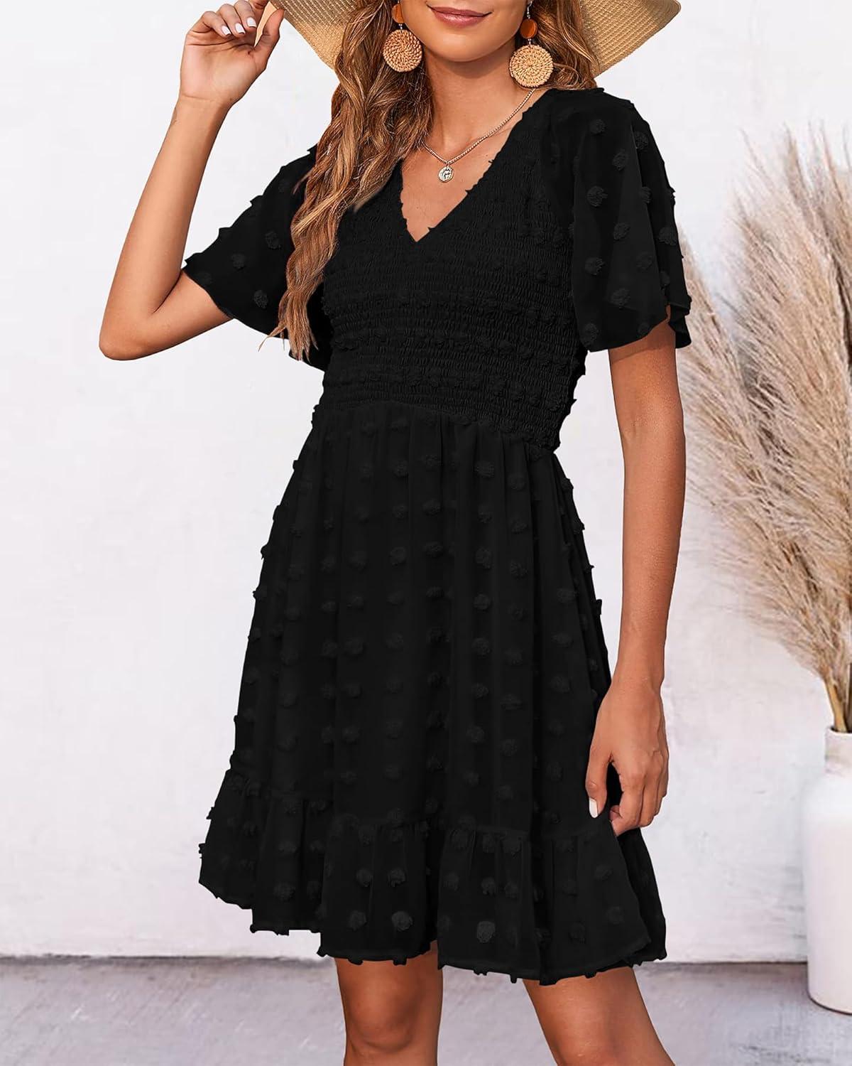 imageBTFBM Womens Beach Vacation Dress Summer 2026 V Neck Short Sleeve Smocked Swiss Dot Ruffle Casual Spring Mini DressesBlack