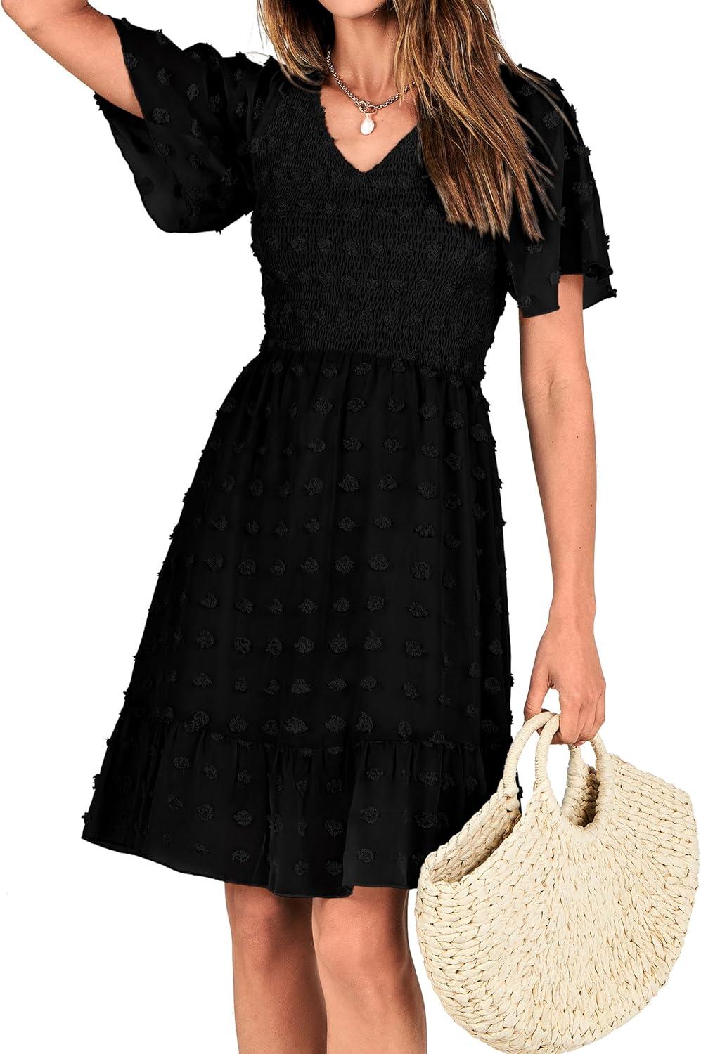 imageBTFBM Womens Beach Vacation Dress Summer 2026 V Neck Short Sleeve Smocked Swiss Dot Ruffle Casual Spring Mini DressesBlack