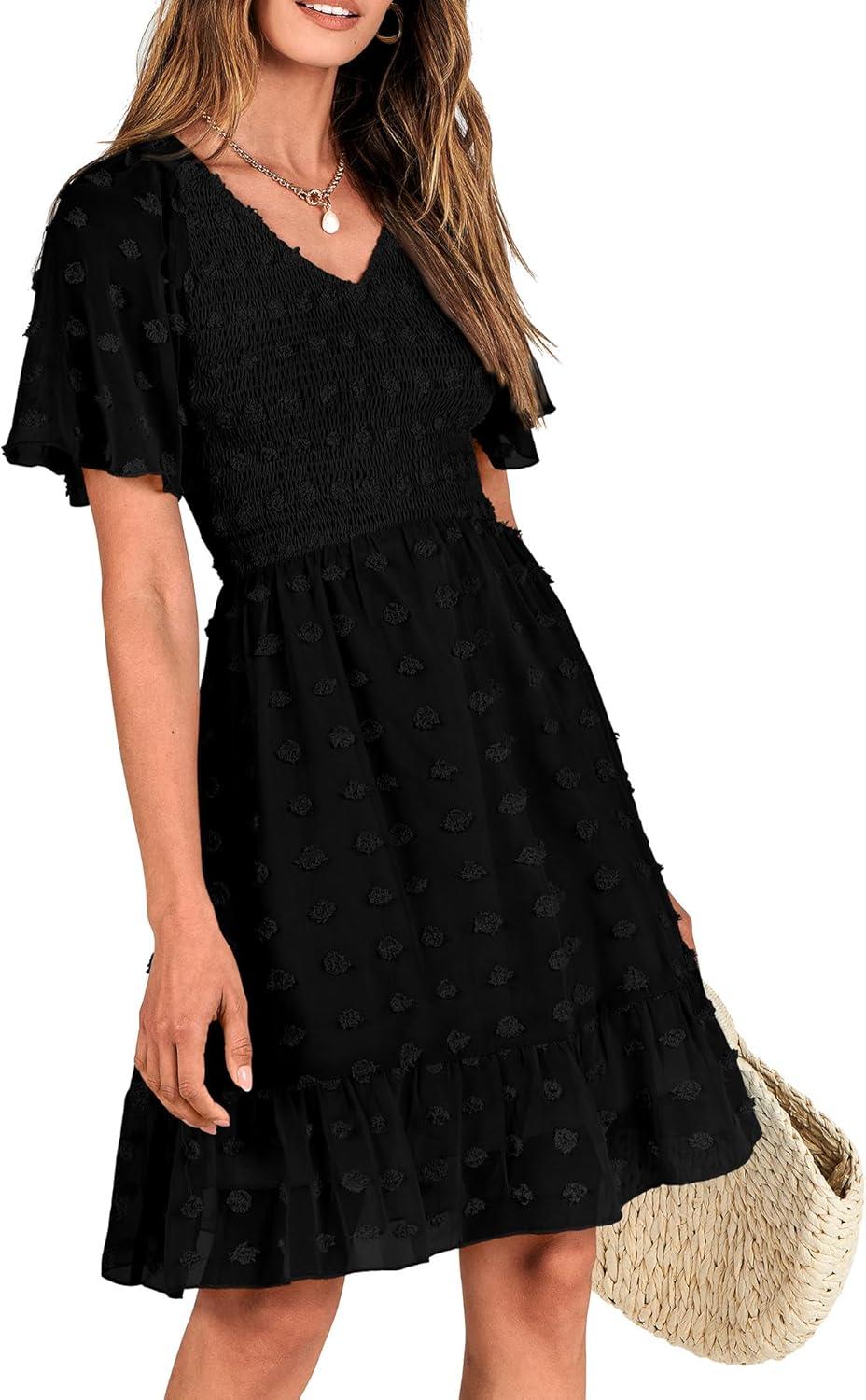 imageBTFBM Womens Beach Vacation Dress Summer 2026 V Neck Short Sleeve Smocked Swiss Dot Ruffle Casual Spring Mini DressesBlack