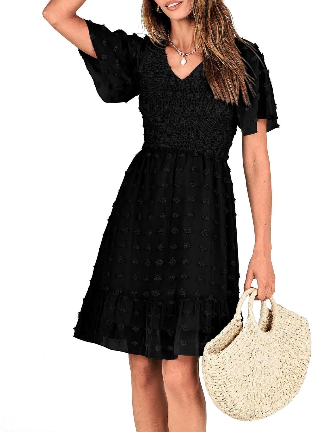 imageBTFBM Womens Beach Vacation Dress Summer 2026 V Neck Short Sleeve Smocked Swiss Dot Ruffle Casual Spring Mini DressesBlack