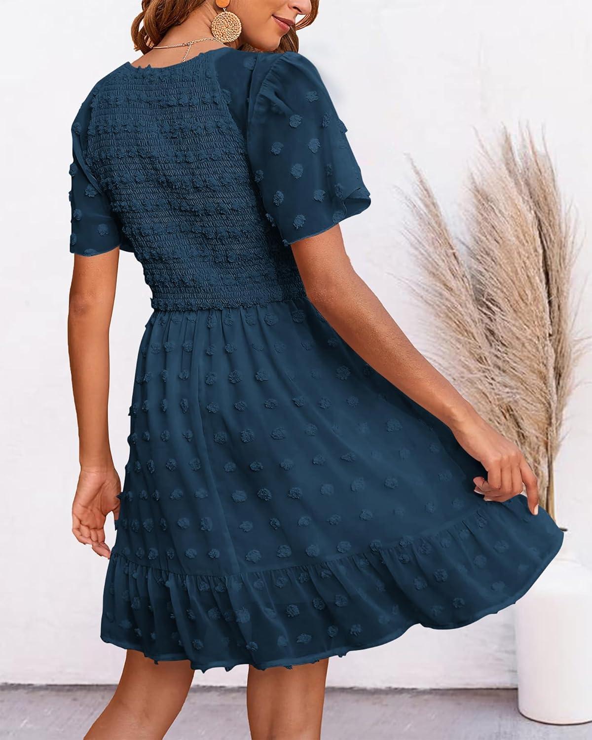 imageBTFBM Womens Beach Vacation Dress Summer 2026 V Neck Short Sleeve Smocked Swiss Dot Ruffle Casual Spring Mini DressesDark Blue
