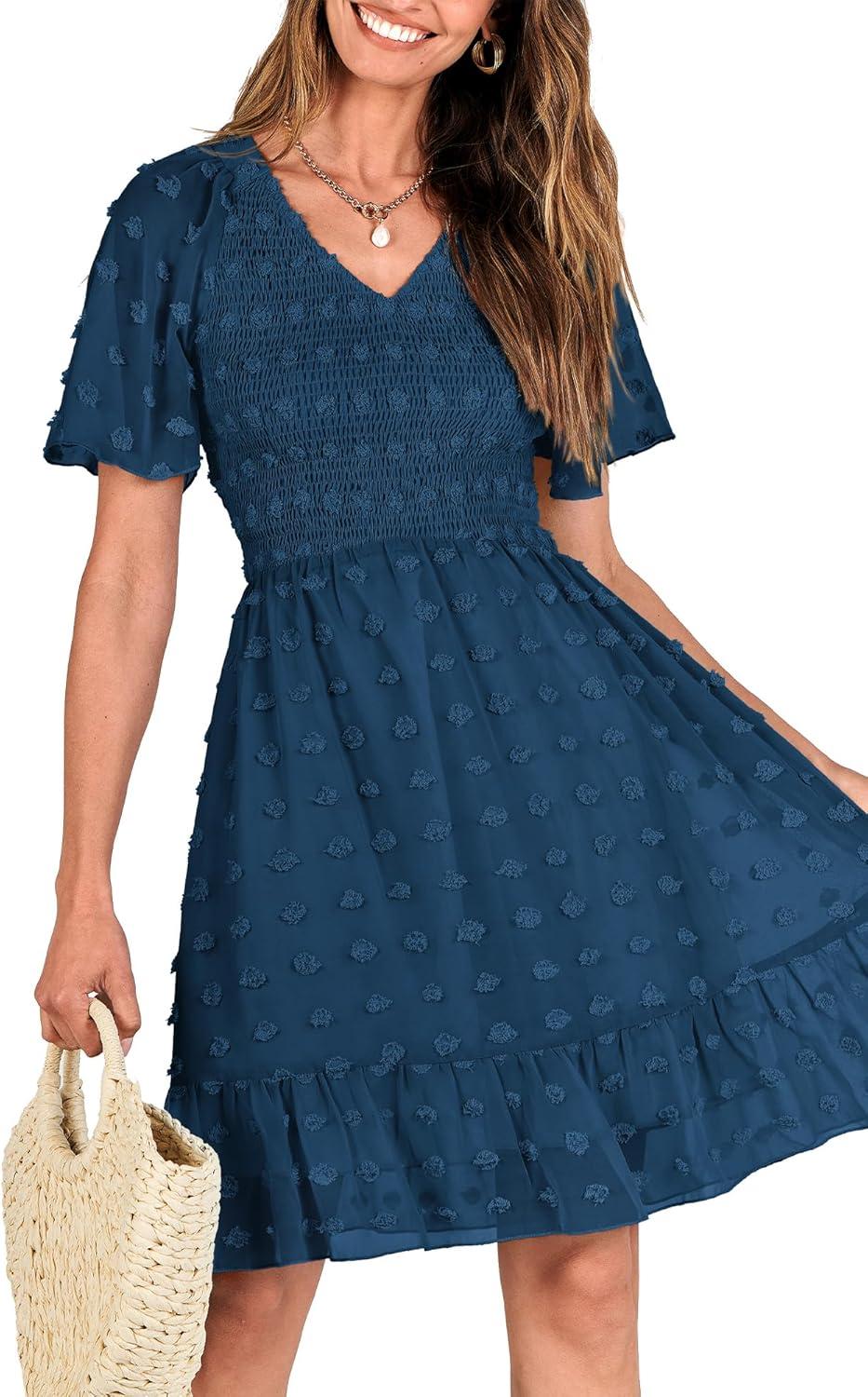 imageBTFBM Womens Beach Vacation Dress Summer 2026 V Neck Short Sleeve Smocked Swiss Dot Ruffle Casual Spring Mini DressesDark Blue