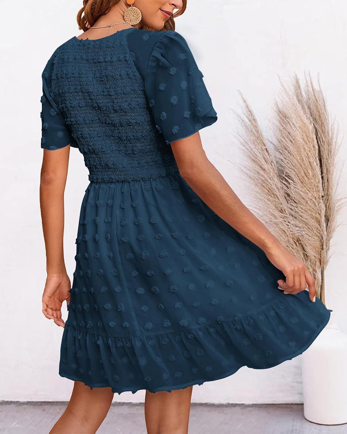 imageBTFBM Womens Beach Vacation Dress Summer 2026 V Neck Short Sleeve Smocked Swiss Dot Ruffle Casual Spring Mini DressesDark Blue
