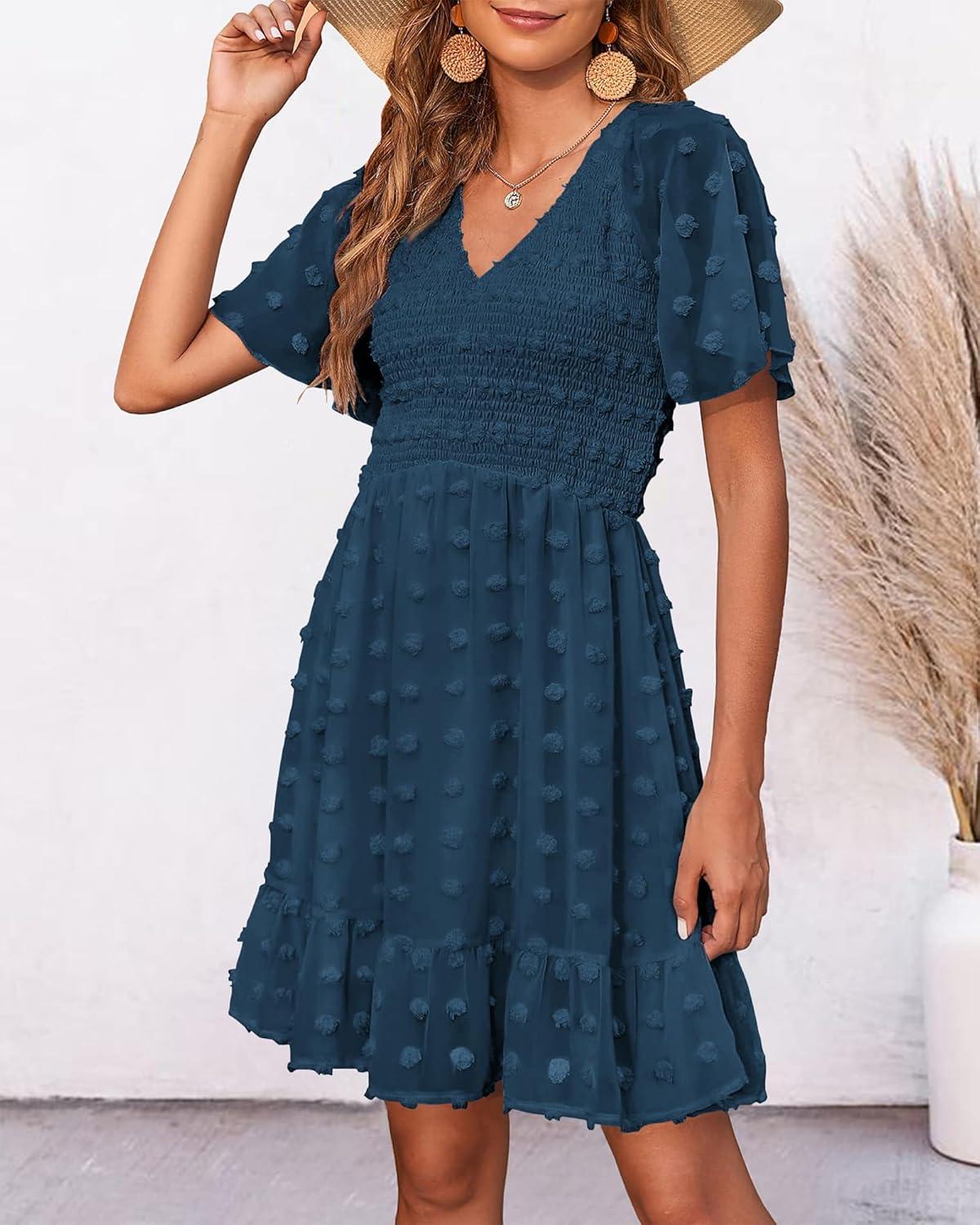 imageBTFBM Womens Beach Vacation Dress Summer 2026 V Neck Short Sleeve Smocked Swiss Dot Ruffle Casual Spring Mini DressesDark Blue