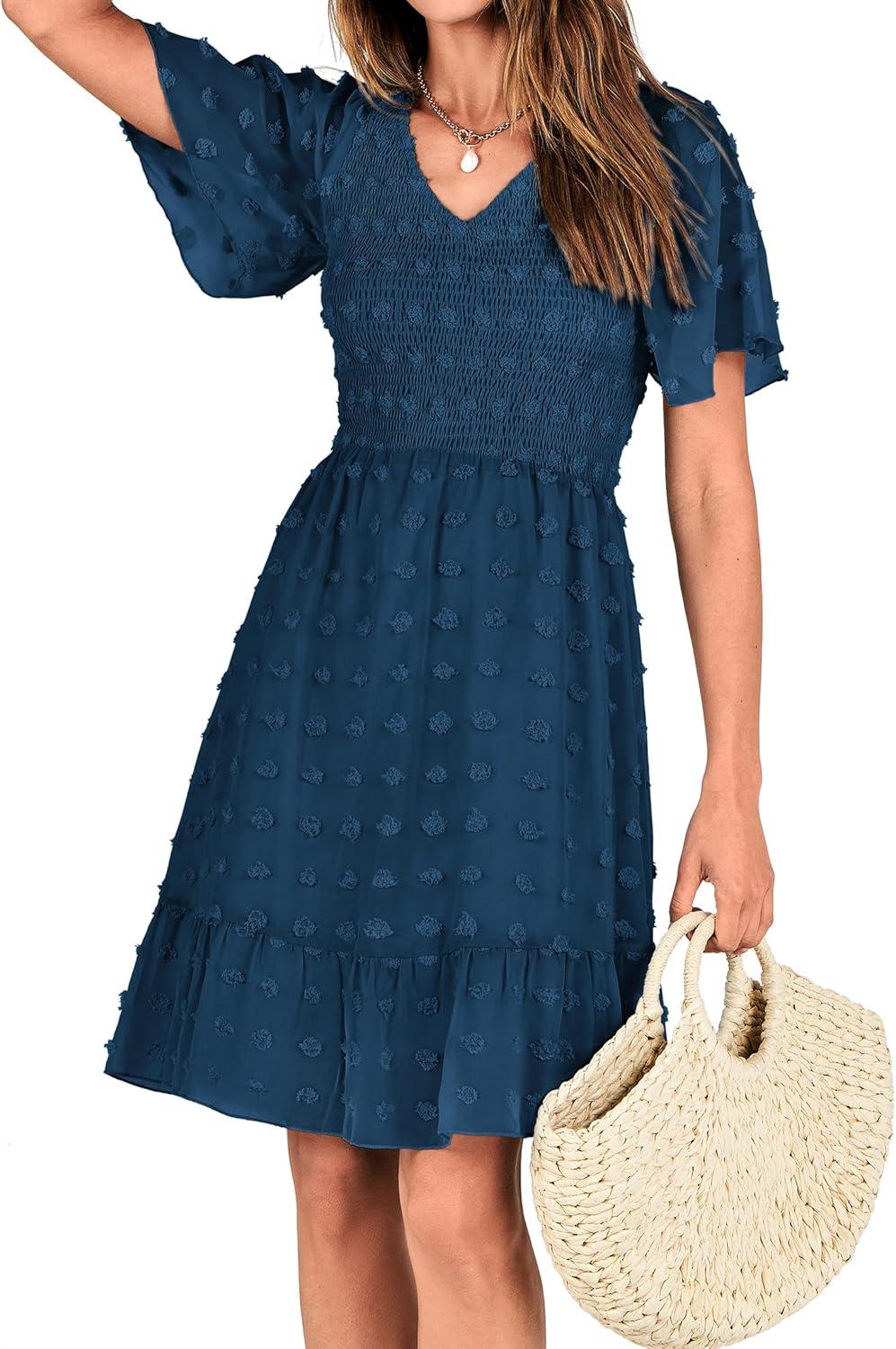 imageBTFBM Womens Beach Vacation Dress Summer 2026 V Neck Short Sleeve Smocked Swiss Dot Ruffle Casual Spring Mini DressesDark Blue