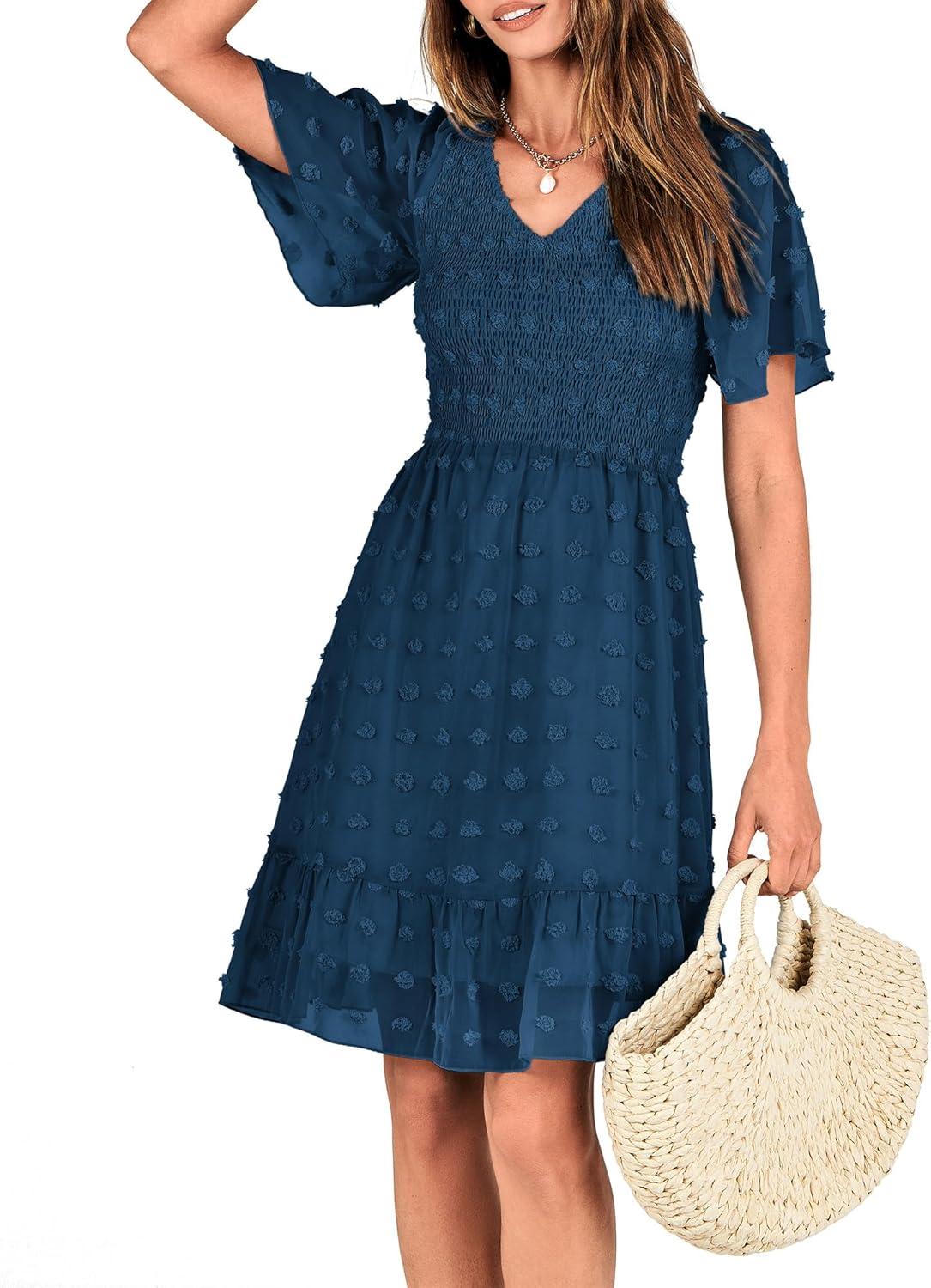 imageBTFBM Womens Beach Vacation Dress Summer 2026 V Neck Short Sleeve Smocked Swiss Dot Ruffle Casual Spring Mini DressesDark Blue