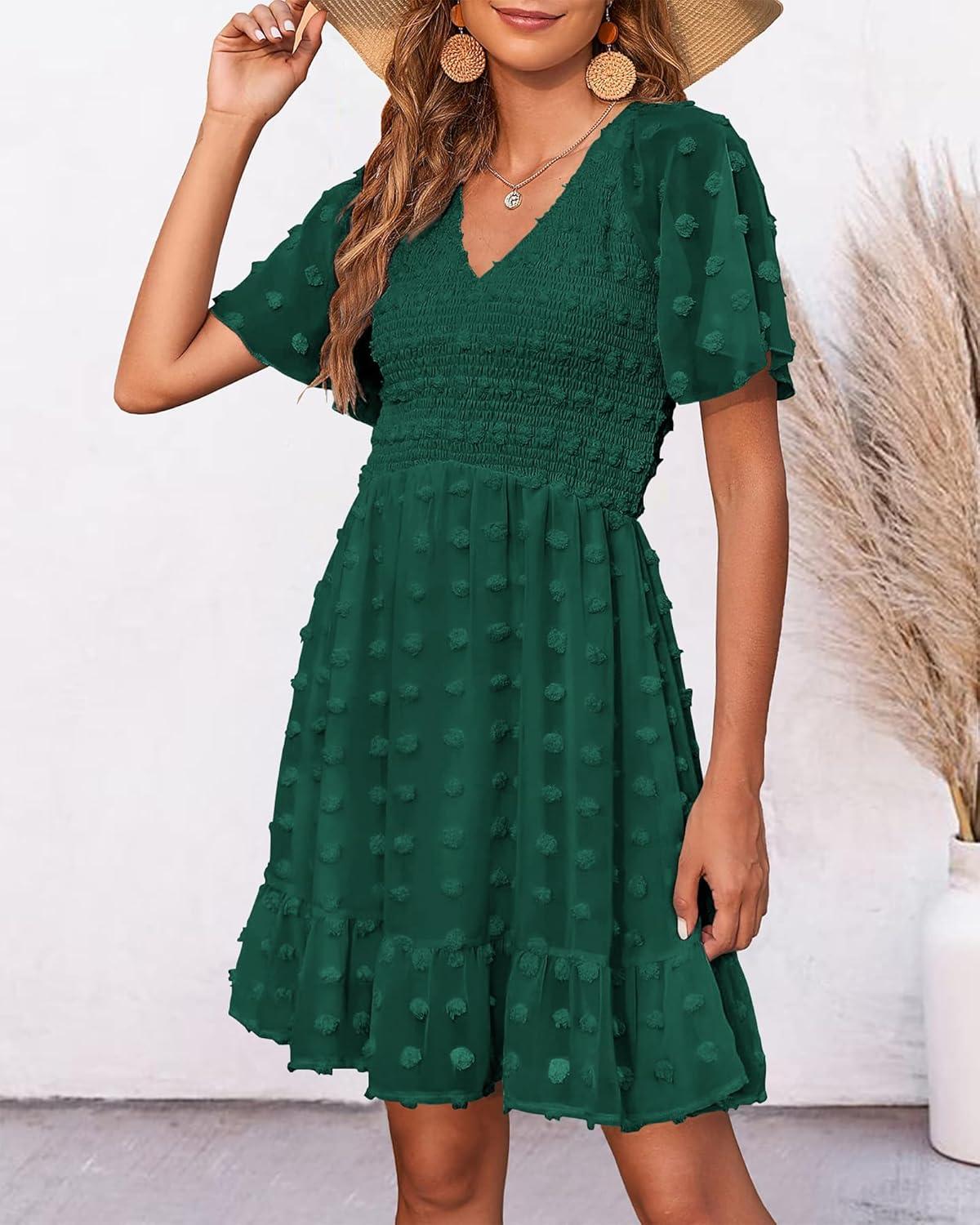 imageBTFBM Womens Beach Vacation Dress Summer 2026 V Neck Short Sleeve Smocked Swiss Dot Ruffle Casual Spring Mini DressesDark Green