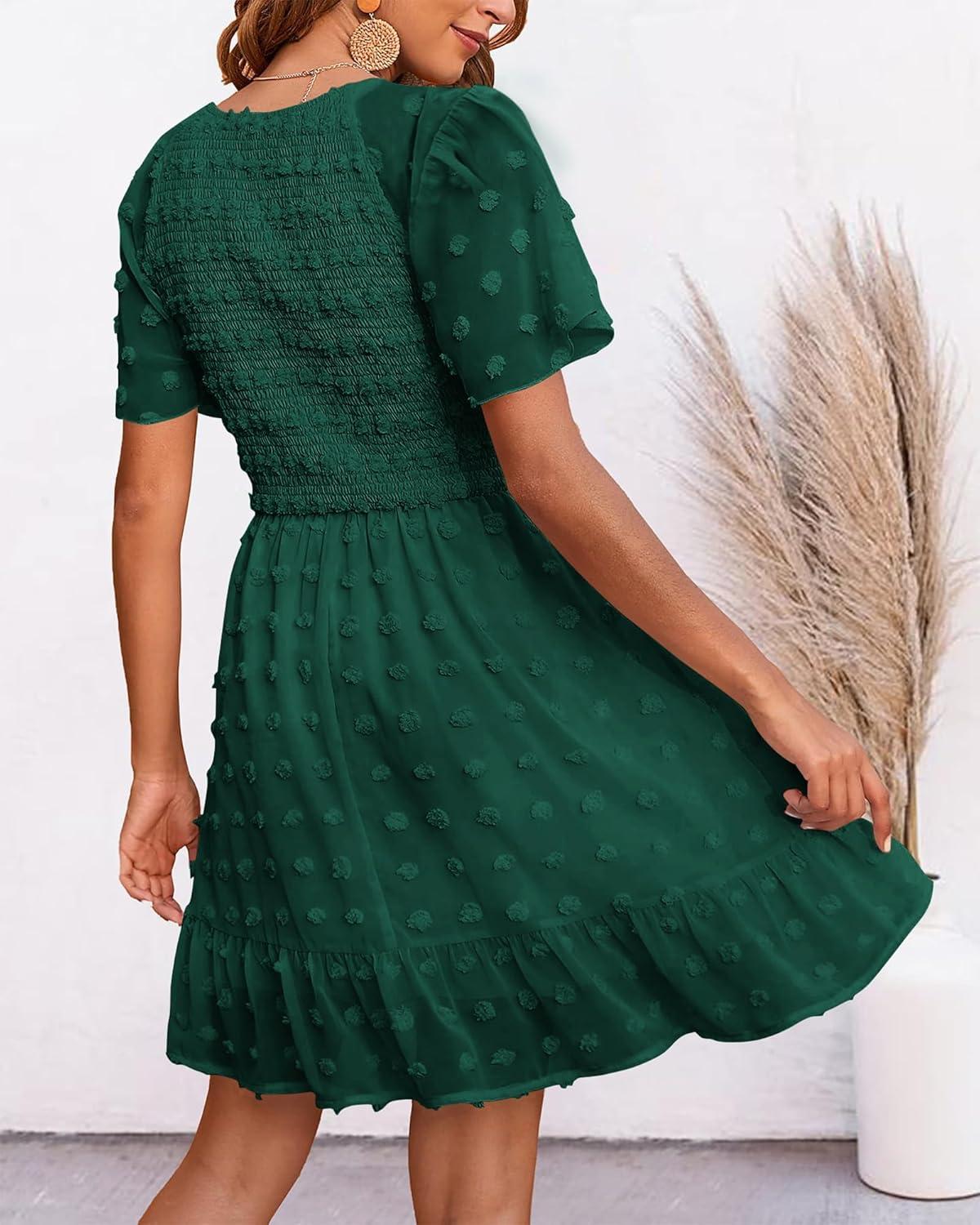 imageBTFBM Womens Beach Vacation Dress Summer 2026 V Neck Short Sleeve Smocked Swiss Dot Ruffle Casual Spring Mini DressesDark Green