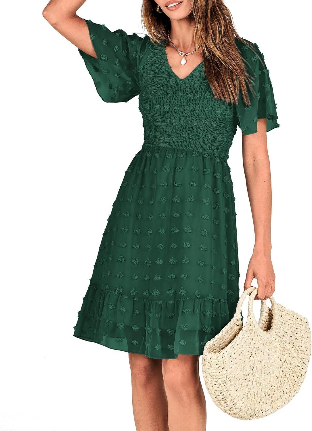 imageBTFBM Womens Beach Vacation Dress Summer 2026 V Neck Short Sleeve Smocked Swiss Dot Ruffle Casual Spring Mini DressesDark Green