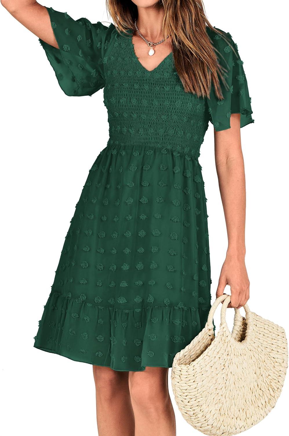 imageBTFBM Womens Beach Vacation Dress Summer 2026 V Neck Short Sleeve Smocked Swiss Dot Ruffle Casual Spring Mini DressesDark Green