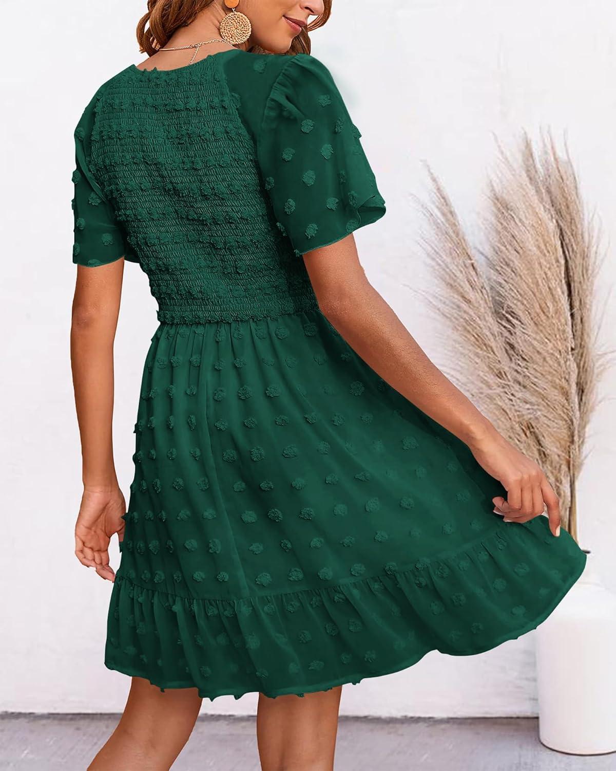 imageBTFBM Womens Beach Vacation Dress Summer 2026 V Neck Short Sleeve Smocked Swiss Dot Ruffle Casual Spring Mini DressesDark Green