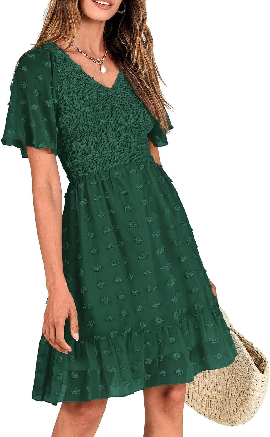 imageBTFBM Womens Beach Vacation Dress Summer 2026 V Neck Short Sleeve Smocked Swiss Dot Ruffle Casual Spring Mini DressesDark Green