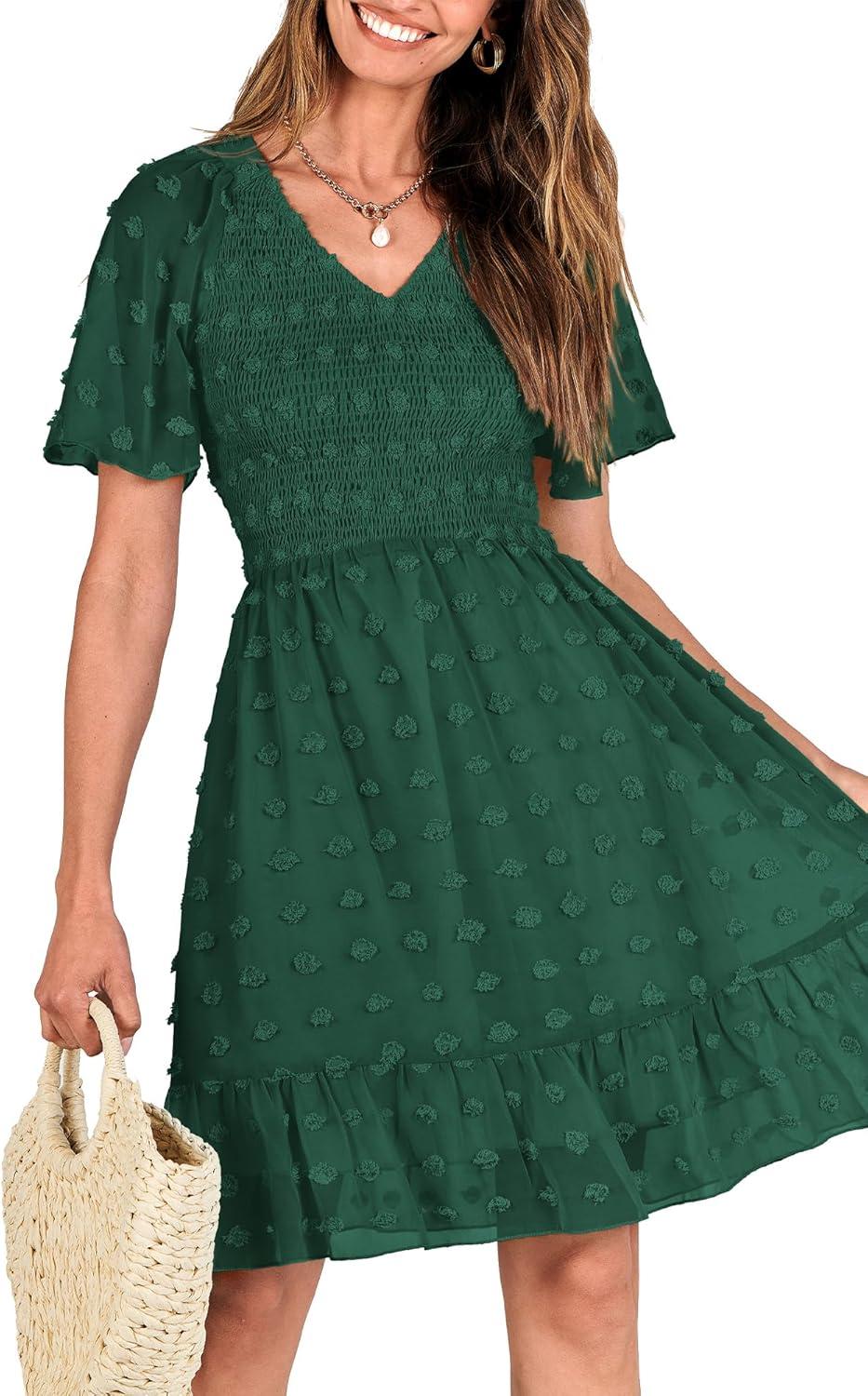 imageBTFBM Womens Beach Vacation Dress Summer 2026 V Neck Short Sleeve Smocked Swiss Dot Ruffle Casual Spring Mini DressesDark Green