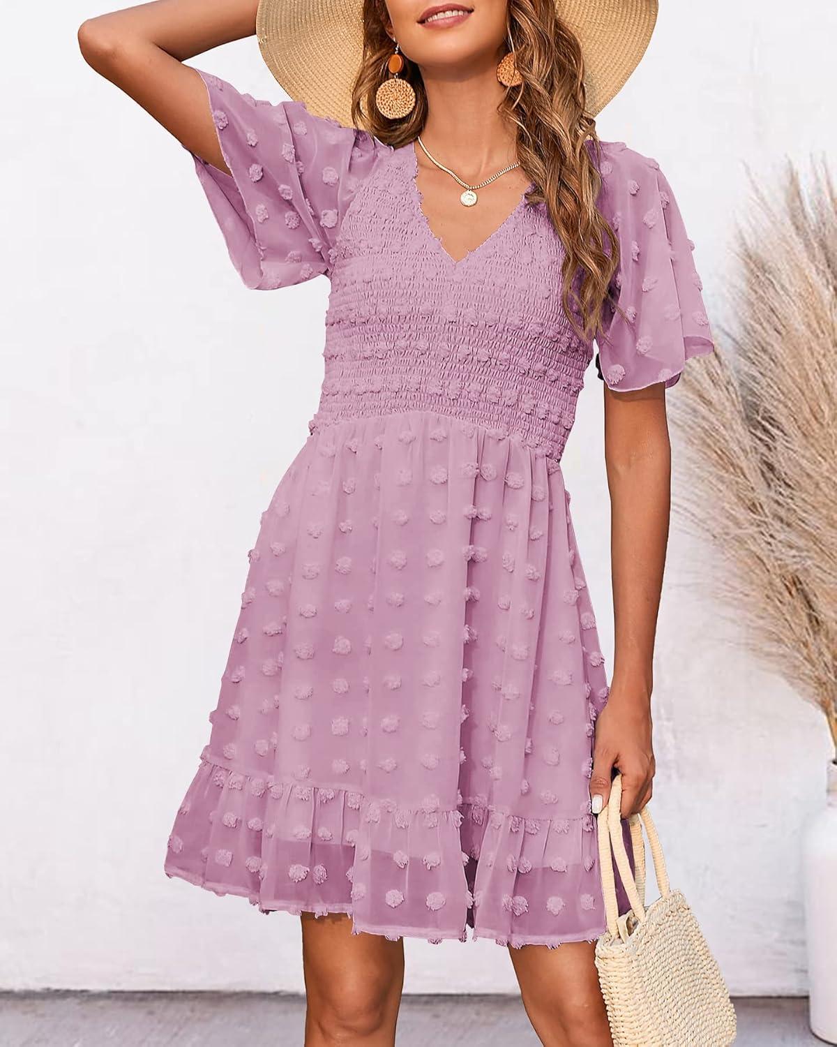 imageBTFBM Womens Beach Vacation Dress Summer 2026 V Neck Short Sleeve Smocked Swiss Dot Ruffle Casual Spring Mini DressesDusty Pink