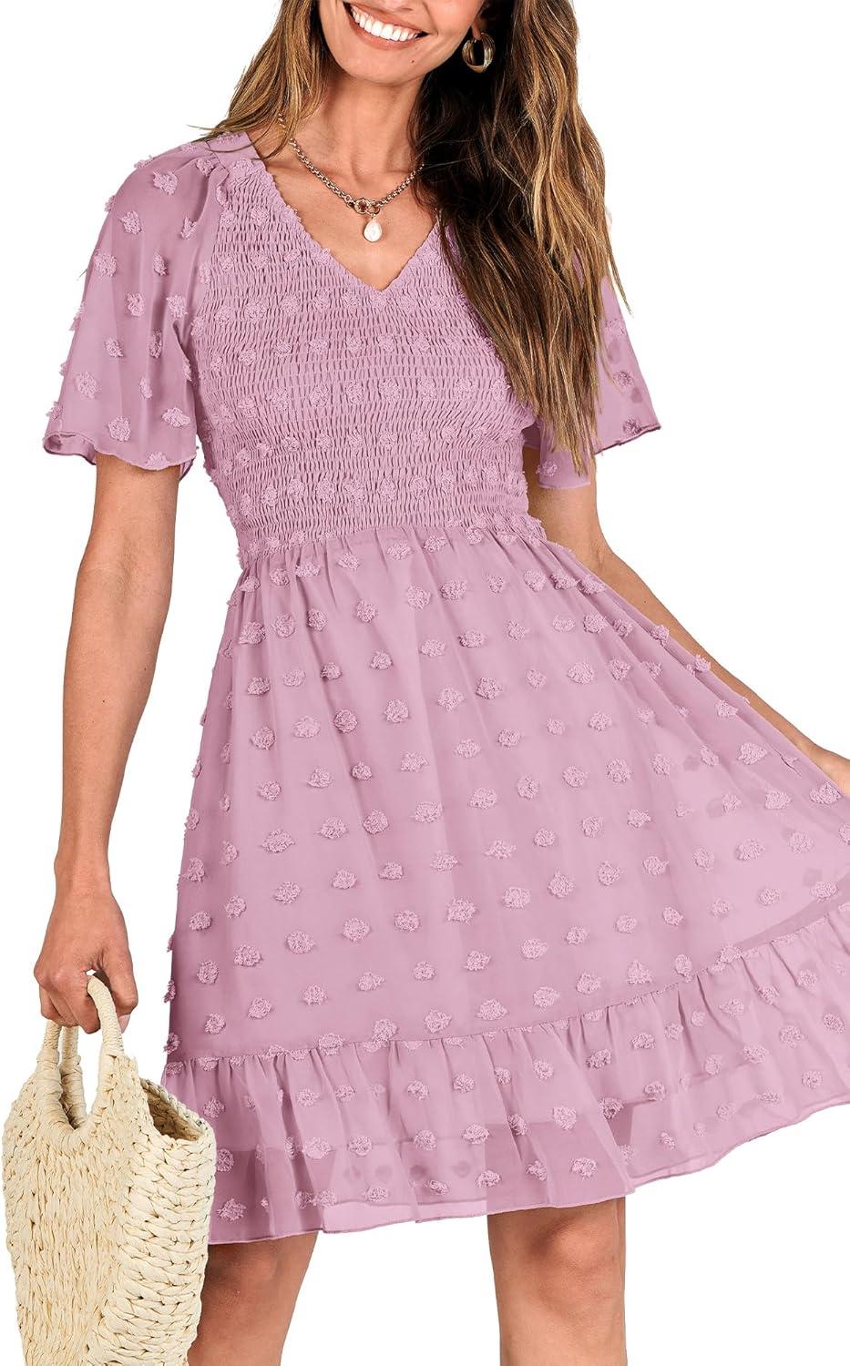 imageBTFBM Womens Beach Vacation Dress Summer 2026 V Neck Short Sleeve Smocked Swiss Dot Ruffle Casual Spring Mini DressesDusty Pink