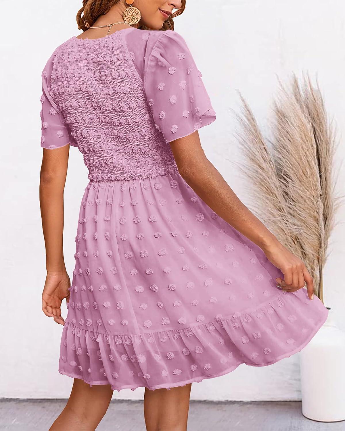 imageBTFBM Womens Beach Vacation Dress Summer 2026 V Neck Short Sleeve Smocked Swiss Dot Ruffle Casual Spring Mini DressesDusty Pink