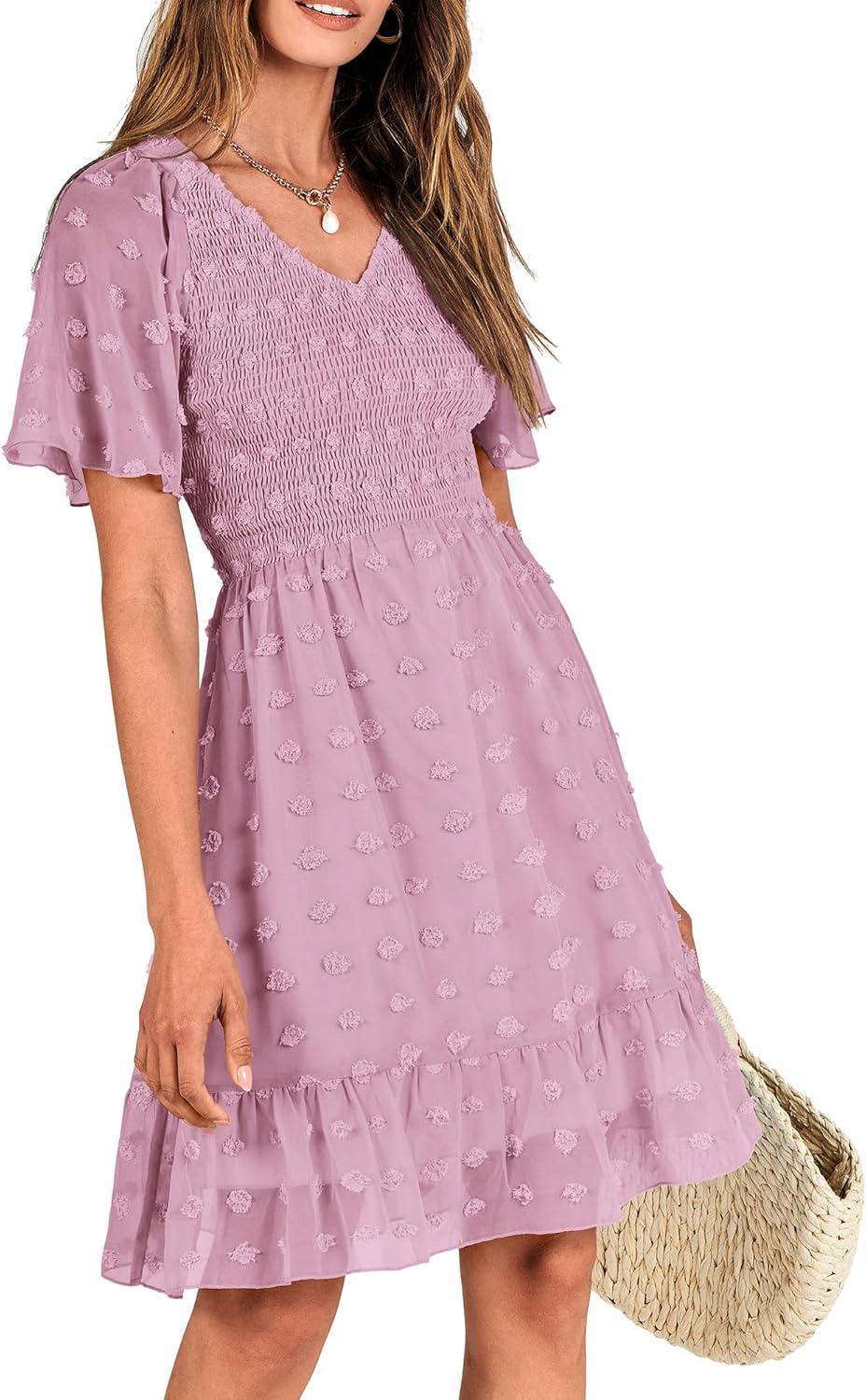 imageBTFBM Womens Beach Vacation Dress Summer 2026 V Neck Short Sleeve Smocked Swiss Dot Ruffle Casual Spring Mini DressesDusty Pink