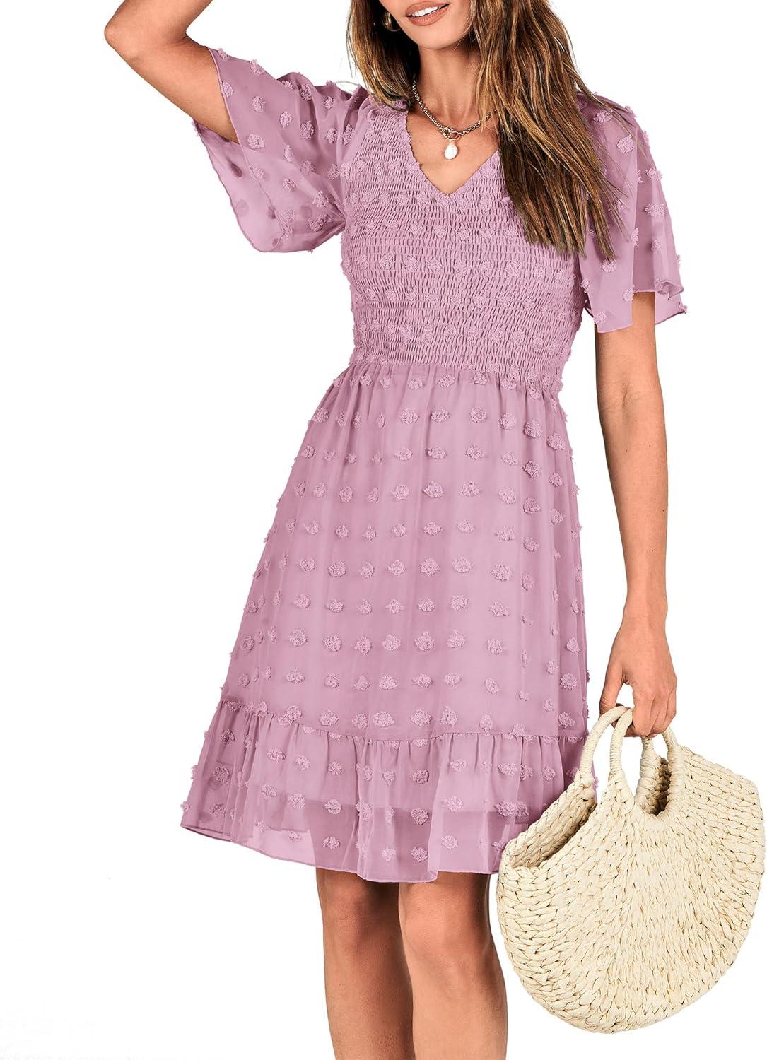 imageBTFBM Womens Beach Vacation Dress Summer 2026 V Neck Short Sleeve Smocked Swiss Dot Ruffle Casual Spring Mini DressesDusty Pink