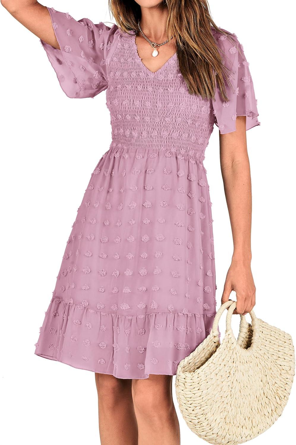 imageBTFBM Womens Beach Vacation Dress Summer 2026 V Neck Short Sleeve Smocked Swiss Dot Ruffle Casual Spring Mini DressesDusty Pink