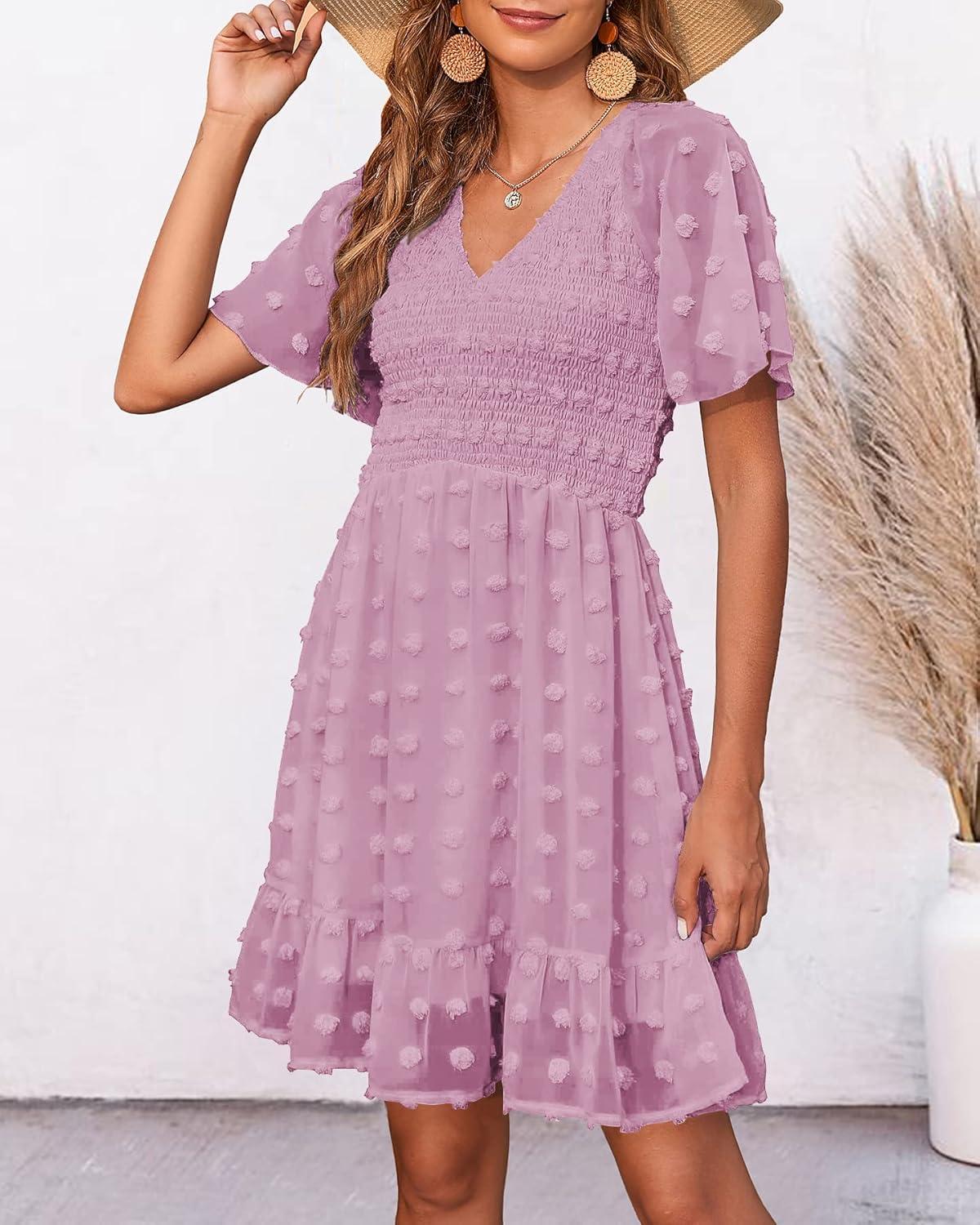 imageBTFBM Womens Beach Vacation Dress Summer 2026 V Neck Short Sleeve Smocked Swiss Dot Ruffle Casual Spring Mini DressesDusty Pink