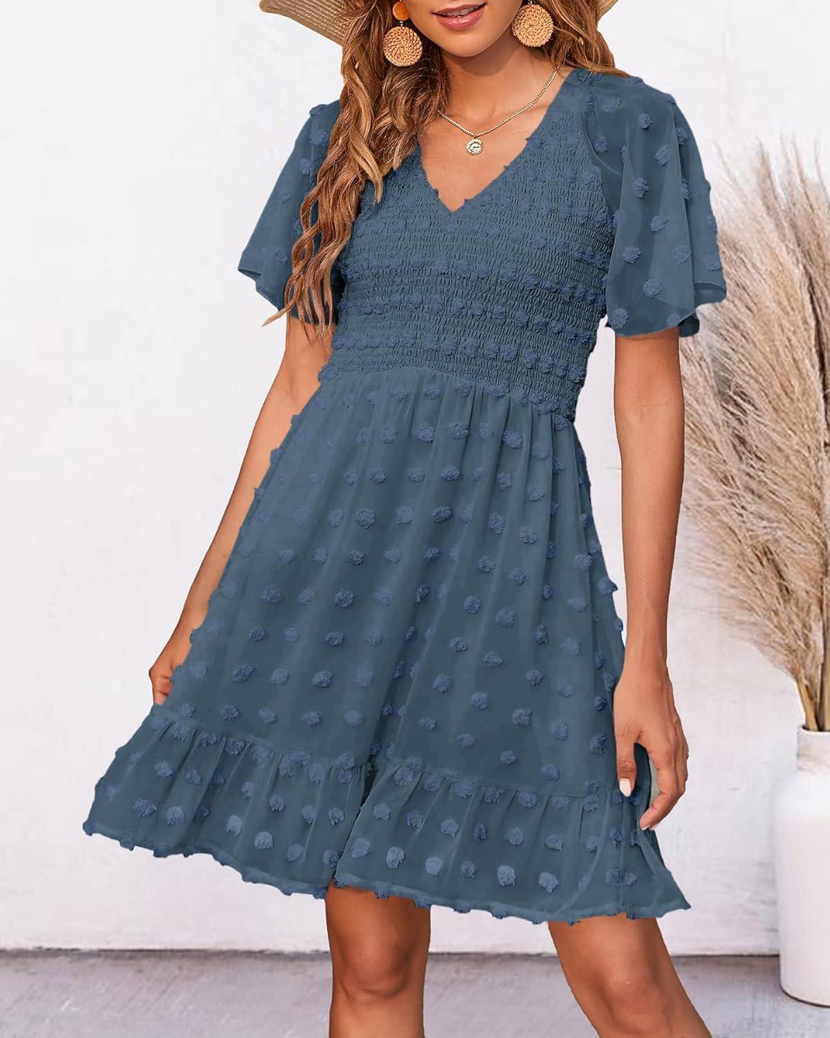 imageBTFBM Womens Beach Vacation Dress Summer 2026 V Neck Short Sleeve Smocked Swiss Dot Ruffle Casual Spring Mini DressesGrey Blue