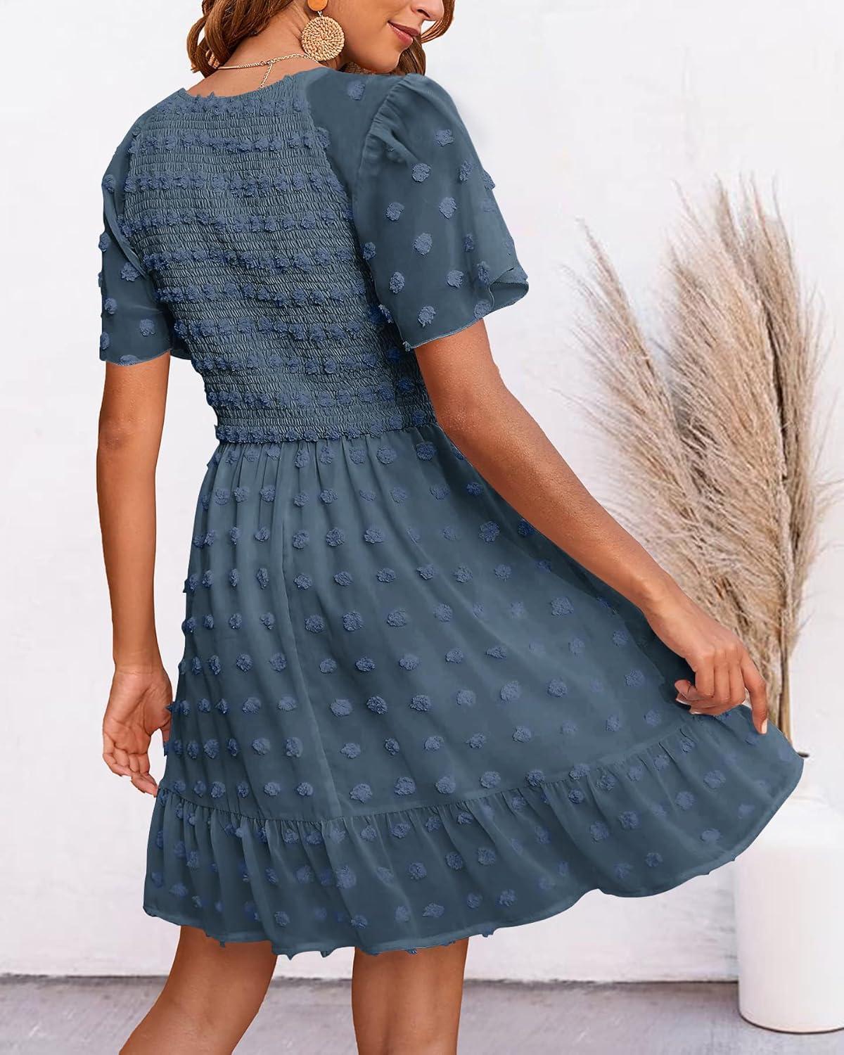 imageBTFBM Womens Beach Vacation Dress Summer 2026 V Neck Short Sleeve Smocked Swiss Dot Ruffle Casual Spring Mini DressesGrey Blue
