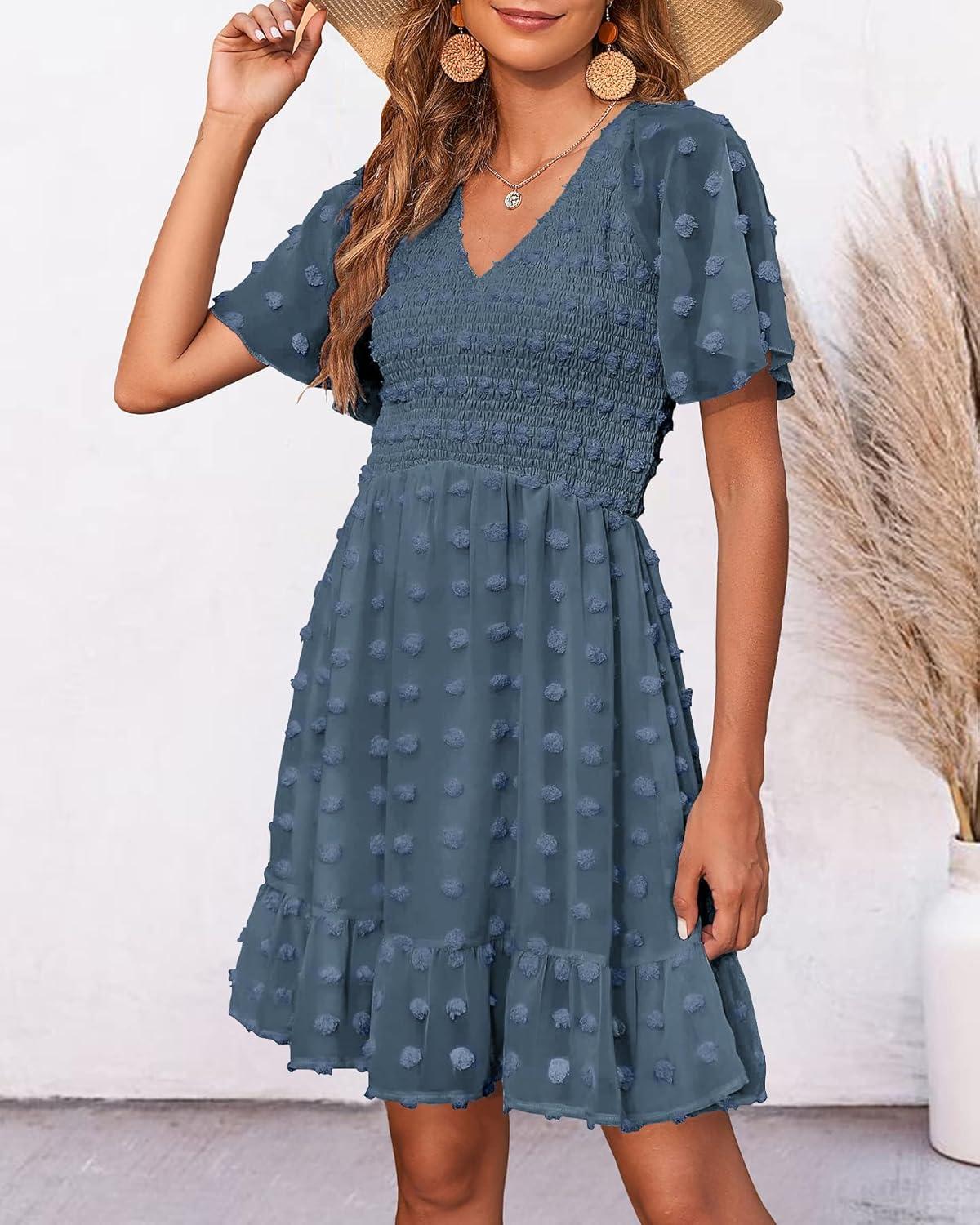 imageBTFBM Womens Beach Vacation Dress Summer 2026 V Neck Short Sleeve Smocked Swiss Dot Ruffle Casual Spring Mini DressesGrey Blue