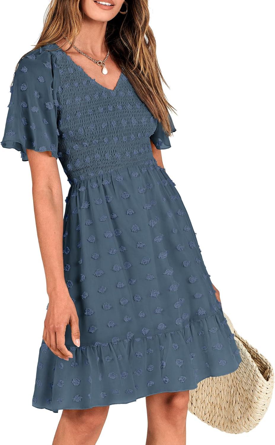 imageBTFBM Womens Beach Vacation Dress Summer 2026 V Neck Short Sleeve Smocked Swiss Dot Ruffle Casual Spring Mini DressesGrey Blue