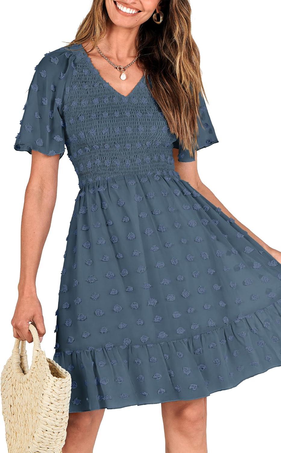 imageBTFBM Womens Beach Vacation Dress Summer 2026 V Neck Short Sleeve Smocked Swiss Dot Ruffle Casual Spring Mini DressesGrey Blue