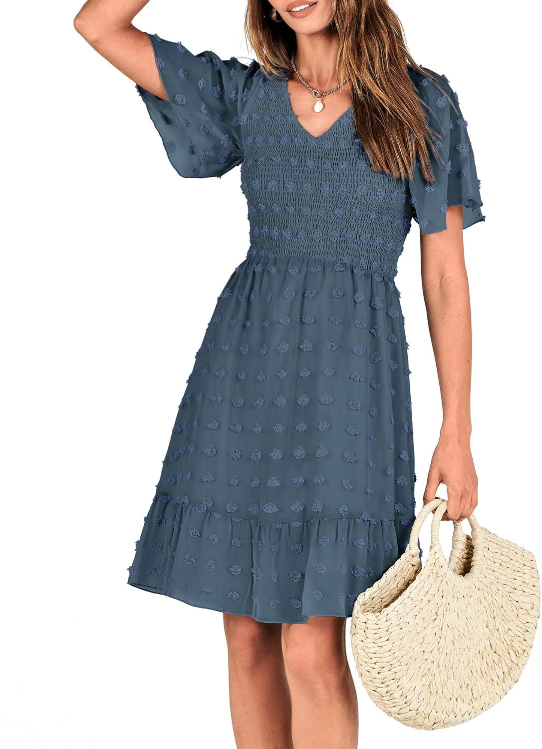 imageBTFBM Womens Beach Vacation Dress Summer 2026 V Neck Short Sleeve Smocked Swiss Dot Ruffle Casual Spring Mini DressesGrey Blue