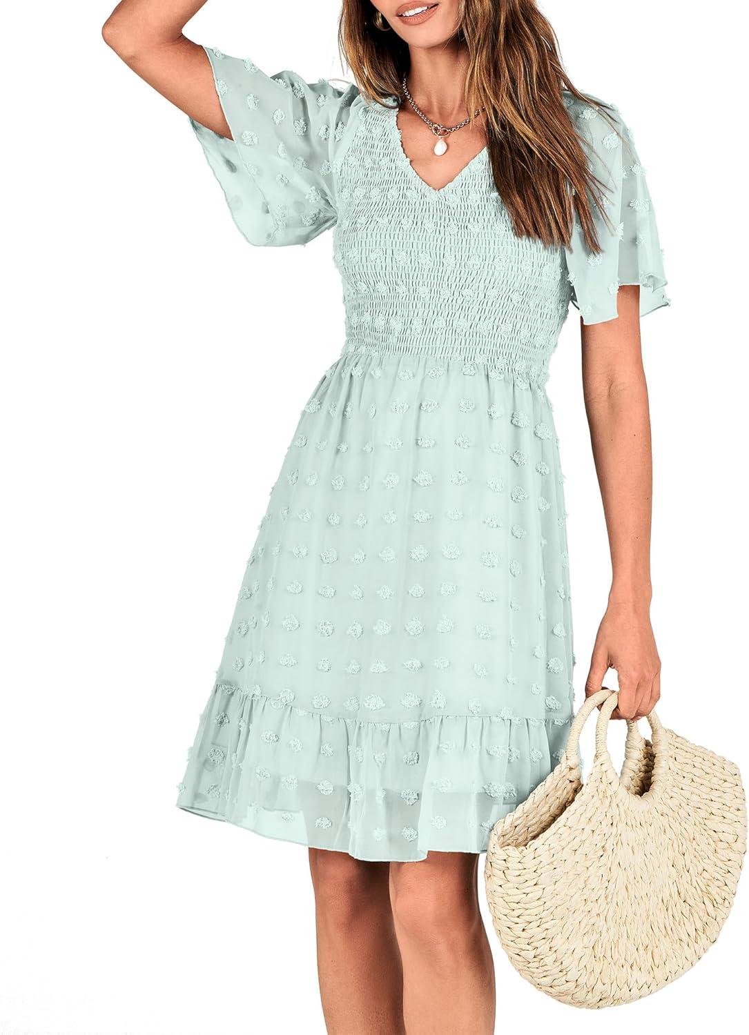 imageBTFBM Womens Beach Vacation Dress Summer 2026 V Neck Short Sleeve Smocked Swiss Dot Ruffle Casual Spring Mini DressesLight Green