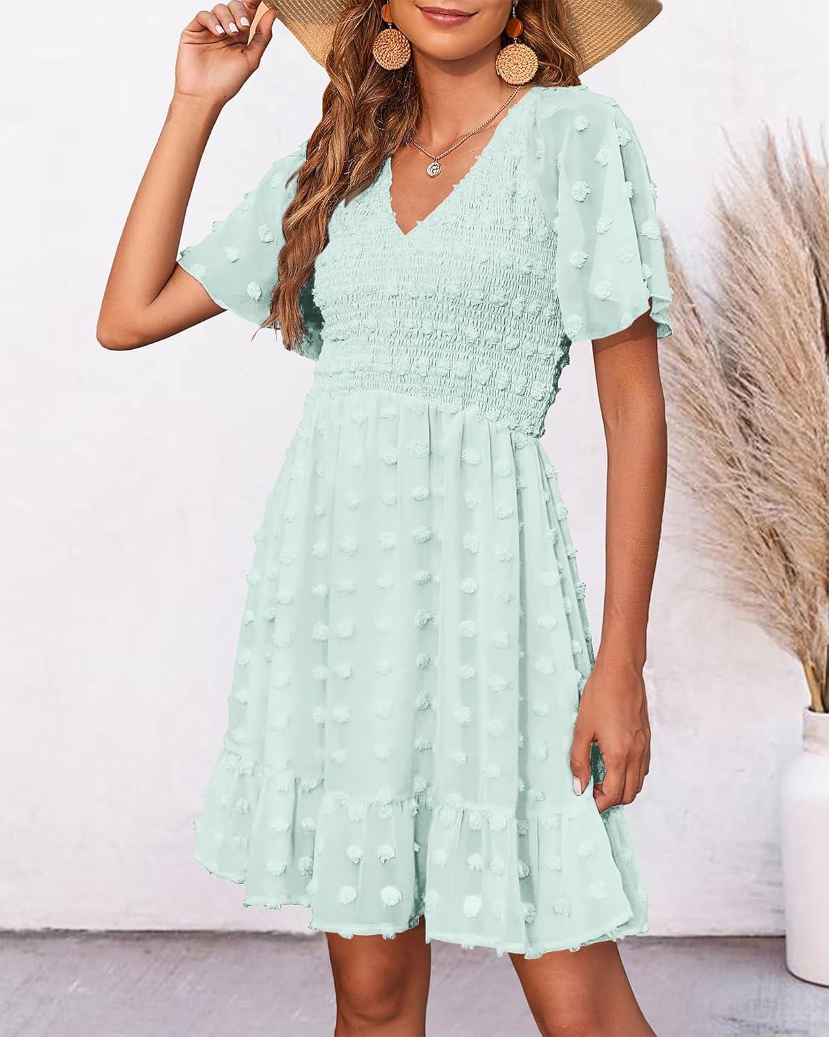 imageBTFBM Womens Beach Vacation Dress Summer 2026 V Neck Short Sleeve Smocked Swiss Dot Ruffle Casual Spring Mini DressesLight Green