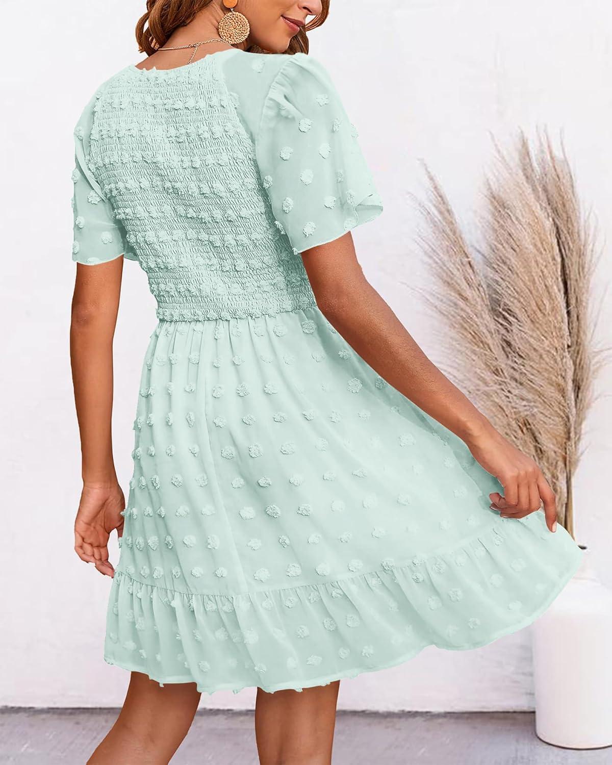 imageBTFBM Womens Beach Vacation Dress Summer 2026 V Neck Short Sleeve Smocked Swiss Dot Ruffle Casual Spring Mini DressesLight Green