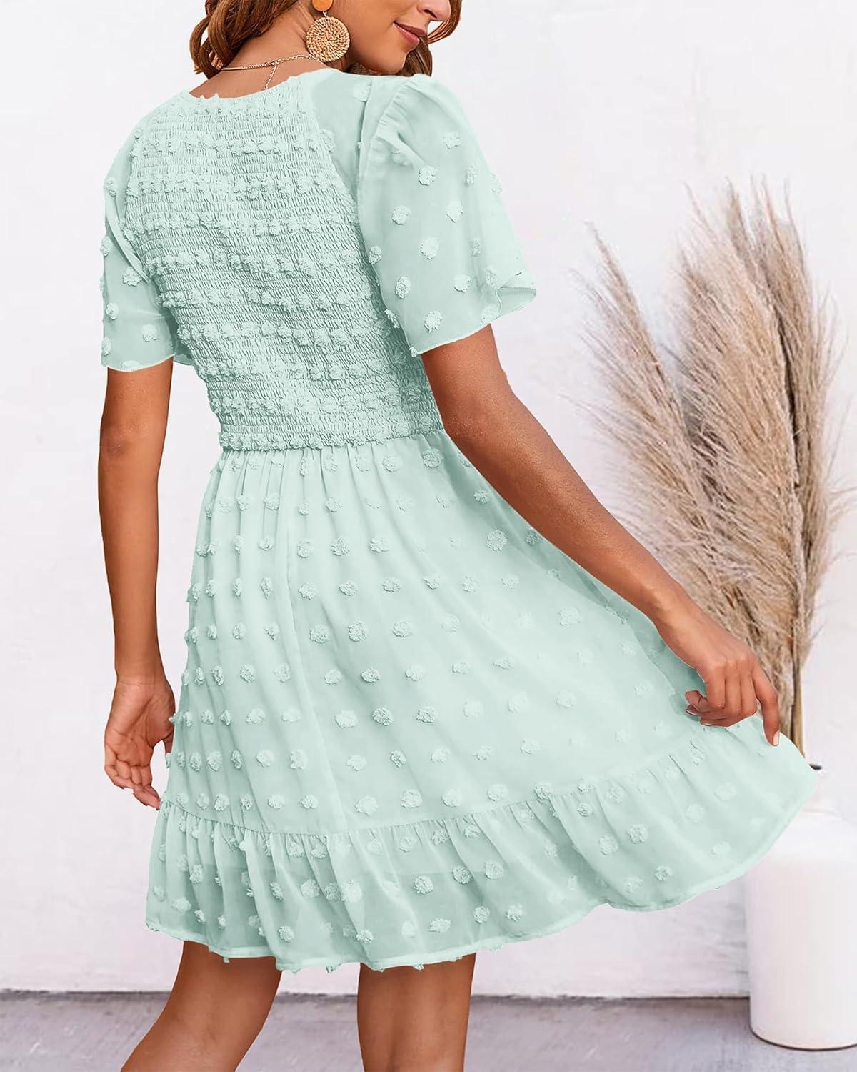 imageBTFBM Womens Beach Vacation Dress Summer 2026 V Neck Short Sleeve Smocked Swiss Dot Ruffle Casual Spring Mini DressesLight Green