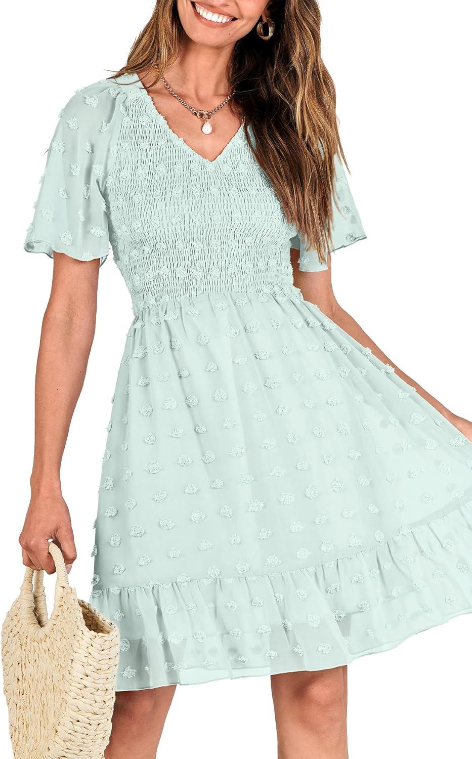 imageBTFBM Womens Beach Vacation Dress Summer 2026 V Neck Short Sleeve Smocked Swiss Dot Ruffle Casual Spring Mini DressesLight Green