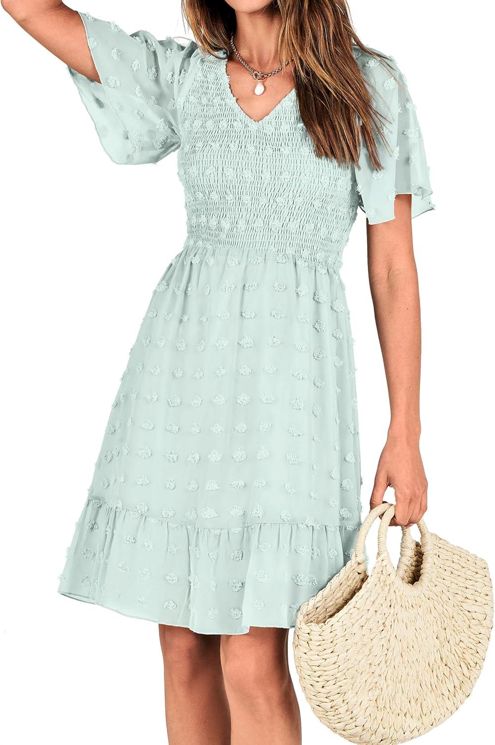 imageBTFBM Womens Beach Vacation Dress Summer 2026 V Neck Short Sleeve Smocked Swiss Dot Ruffle Casual Spring Mini DressesLight Green