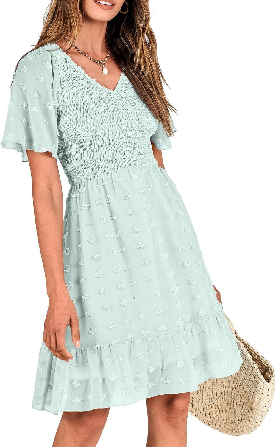 imageBTFBM Womens Beach Vacation Dress Summer 2026 V Neck Short Sleeve Smocked Swiss Dot Ruffle Casual Spring Mini DressesLight Green