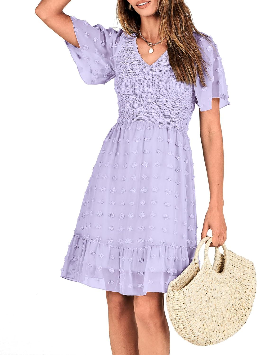 imageBTFBM Womens Beach Vacation Dress Summer 2026 V Neck Short Sleeve Smocked Swiss Dot Ruffle Casual Spring Mini DressesLight Purple