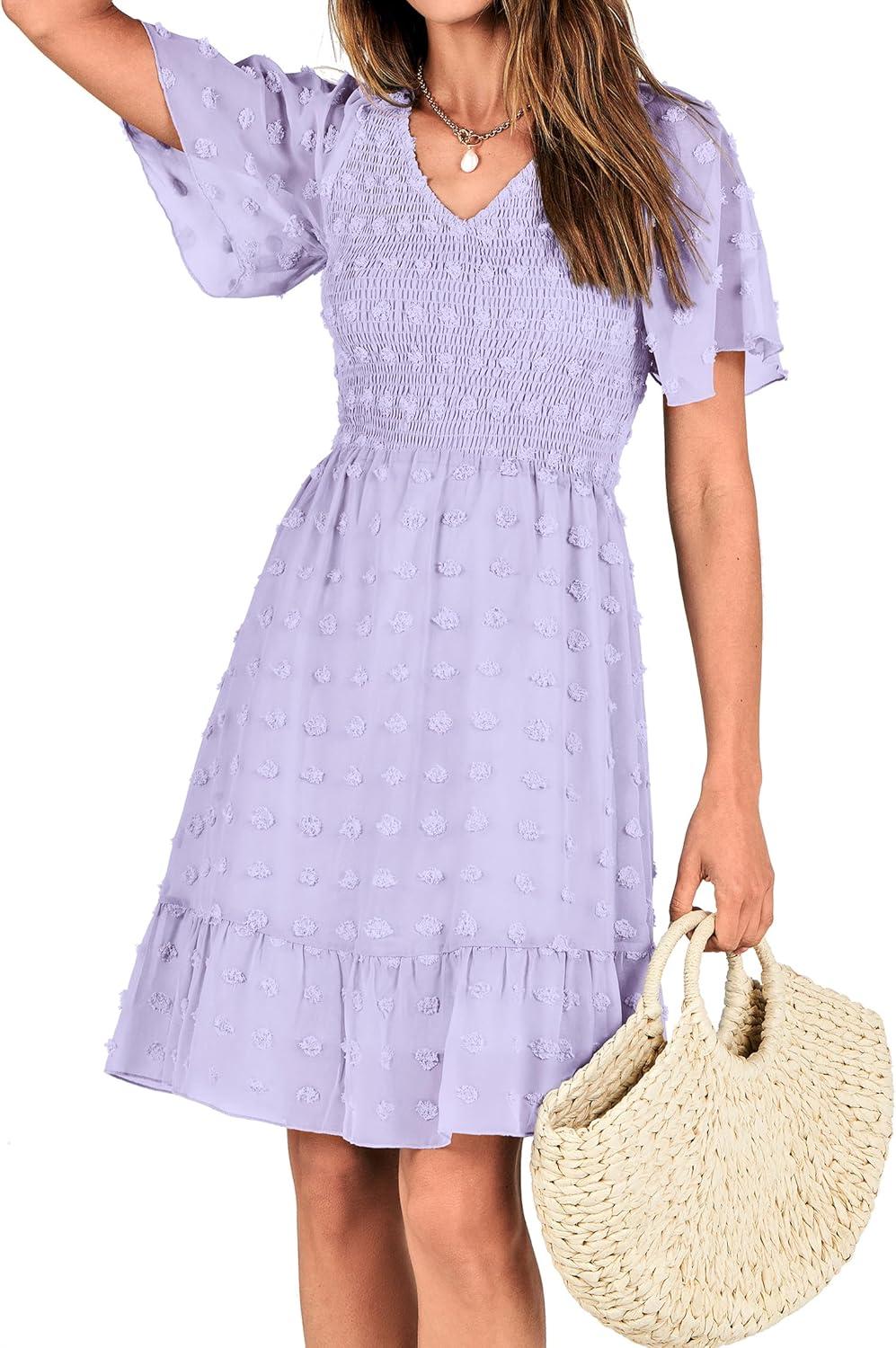 imageBTFBM Womens Beach Vacation Dress Summer 2026 V Neck Short Sleeve Smocked Swiss Dot Ruffle Casual Spring Mini DressesLight Purple