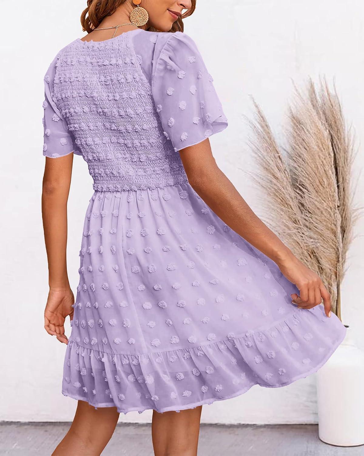 imageBTFBM Womens Beach Vacation Dress Summer 2026 V Neck Short Sleeve Smocked Swiss Dot Ruffle Casual Spring Mini DressesLight Purple
