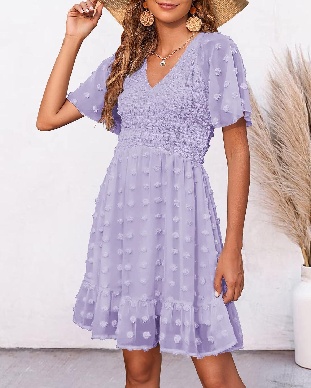 imageBTFBM Womens Beach Vacation Dress Summer 2026 V Neck Short Sleeve Smocked Swiss Dot Ruffle Casual Spring Mini DressesLight Purple